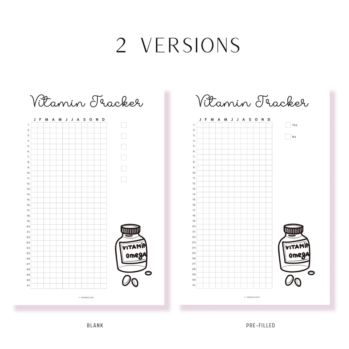 Vitamin Tracker Printable PDF, A4, A5, Letter, Half Letter, Digital Planner, Minimalist Vitamin Tracker Planner, 2 version : Pre-filled & Blank