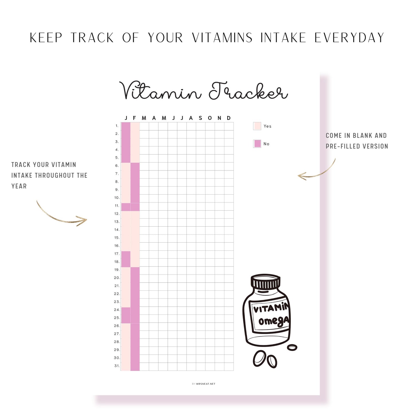 Vitamin Tracker Printable PDF, A4, A5, Letter, Half Letter, Digital Planner, Minimalist Vitamin Tracker Planner, 2 version : Pre-filled & Blank