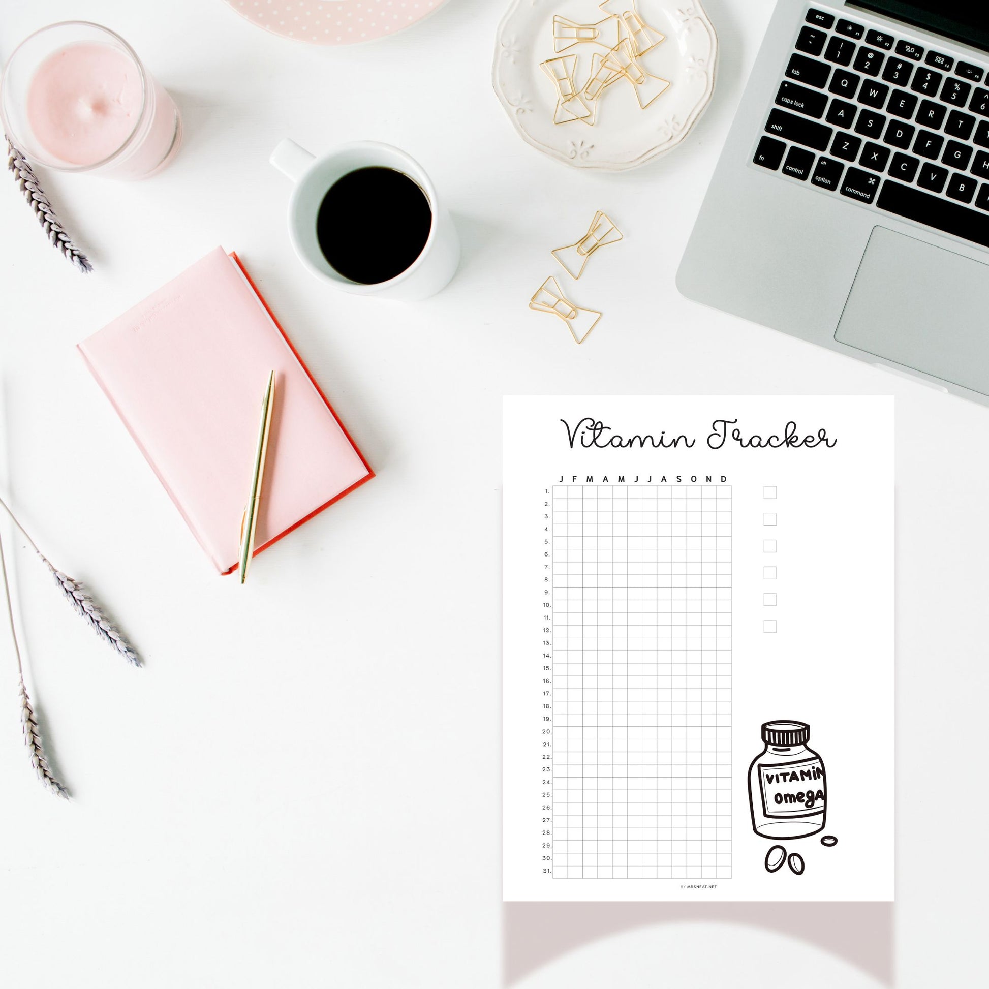 Vitamin Tracker Printable PDF, A4, A5, Letter, Half Letter, Digital Planner, Minimalist Vitamin Tracker Planner, 2 version : Pre-filled & Blank