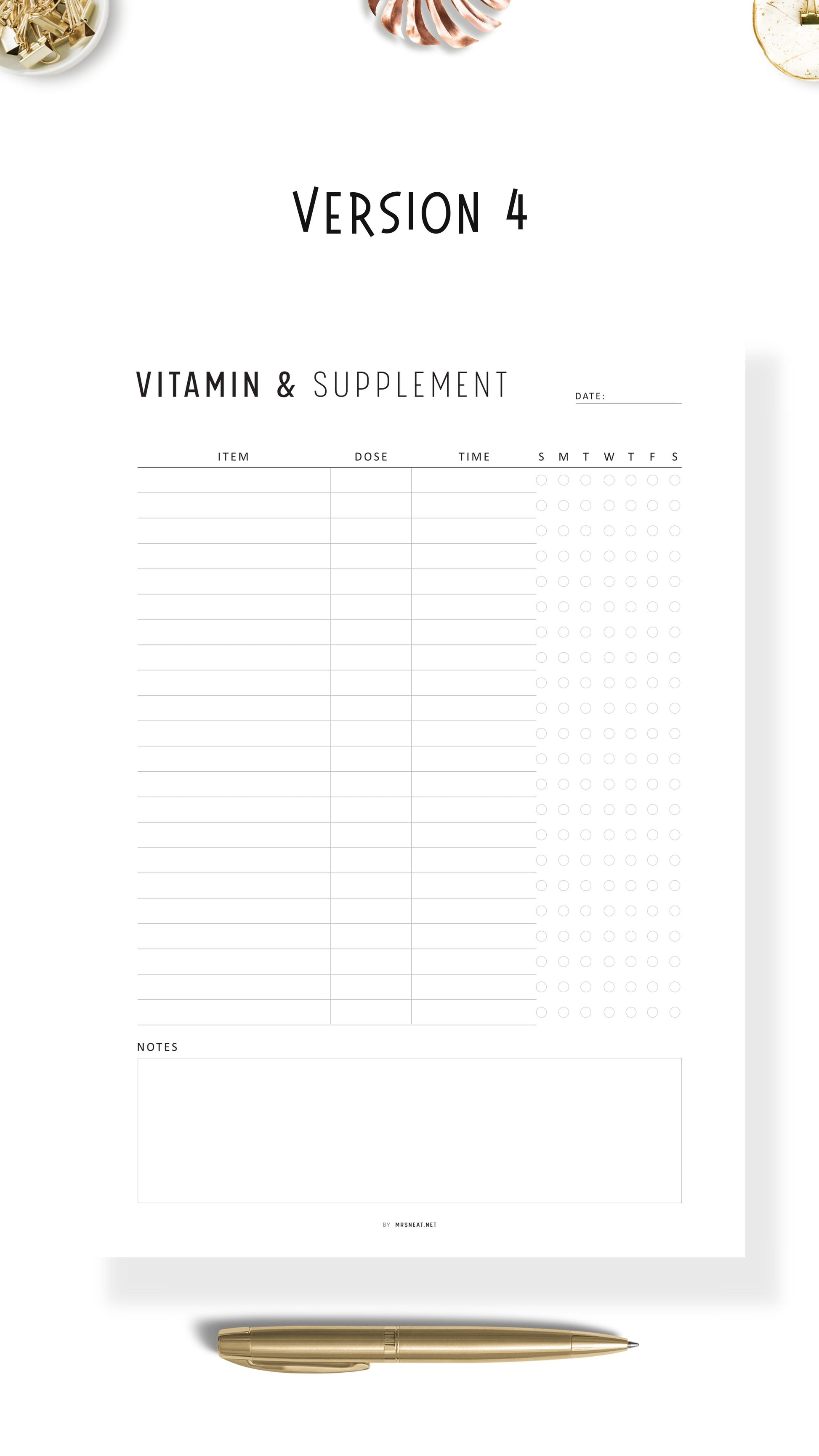 Daily Vitamin & Supplements Tracker Printable, A4, A5, Letter, Half Letter, Digital Planner, Sunday and Monday start included, 4 versions