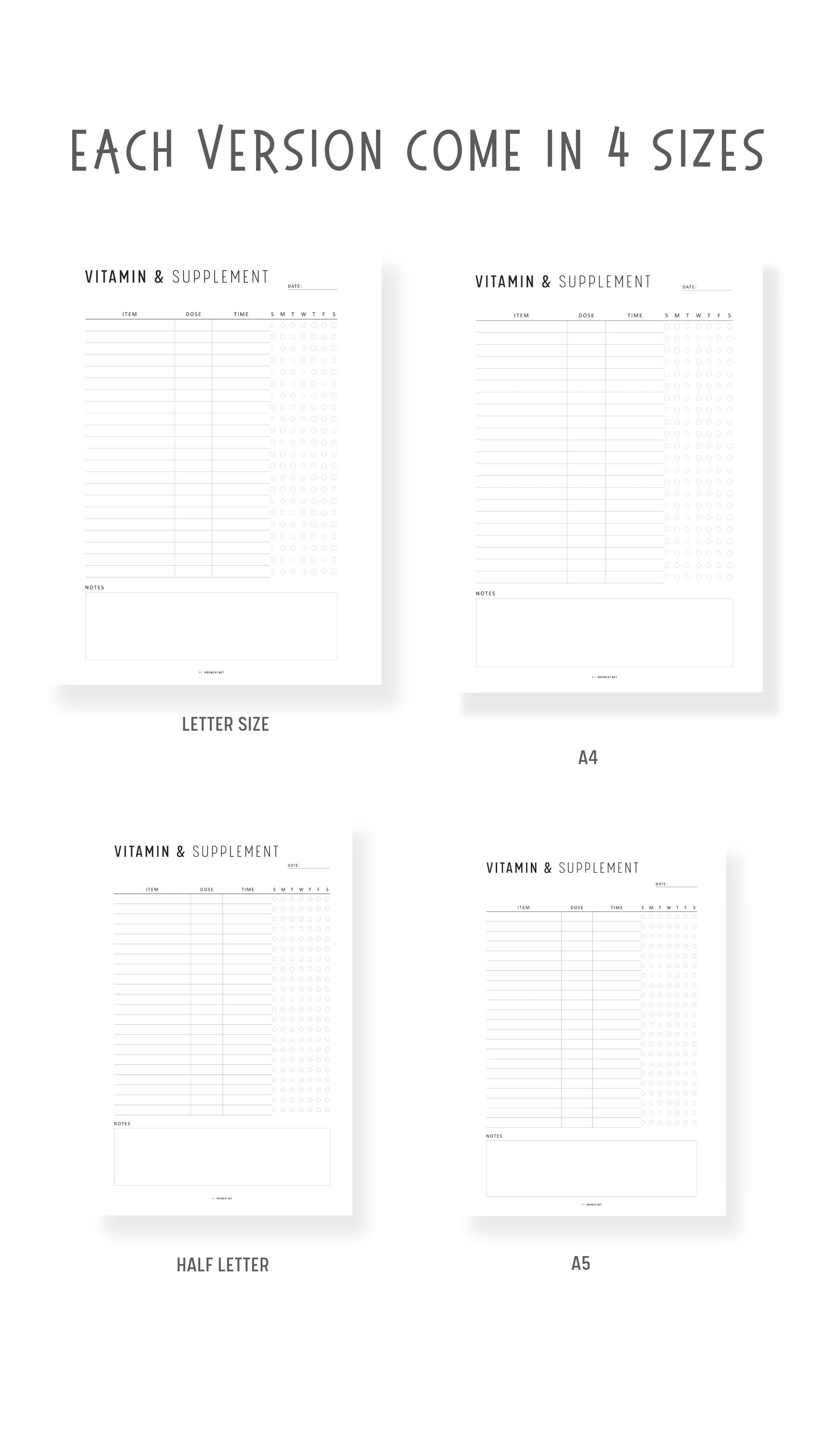 Daily Vitamin & Supplements Tracker Printable, A4, A5, Letter, Half Letter, Digital Planner, Sunday and Monday start included, 4 versions