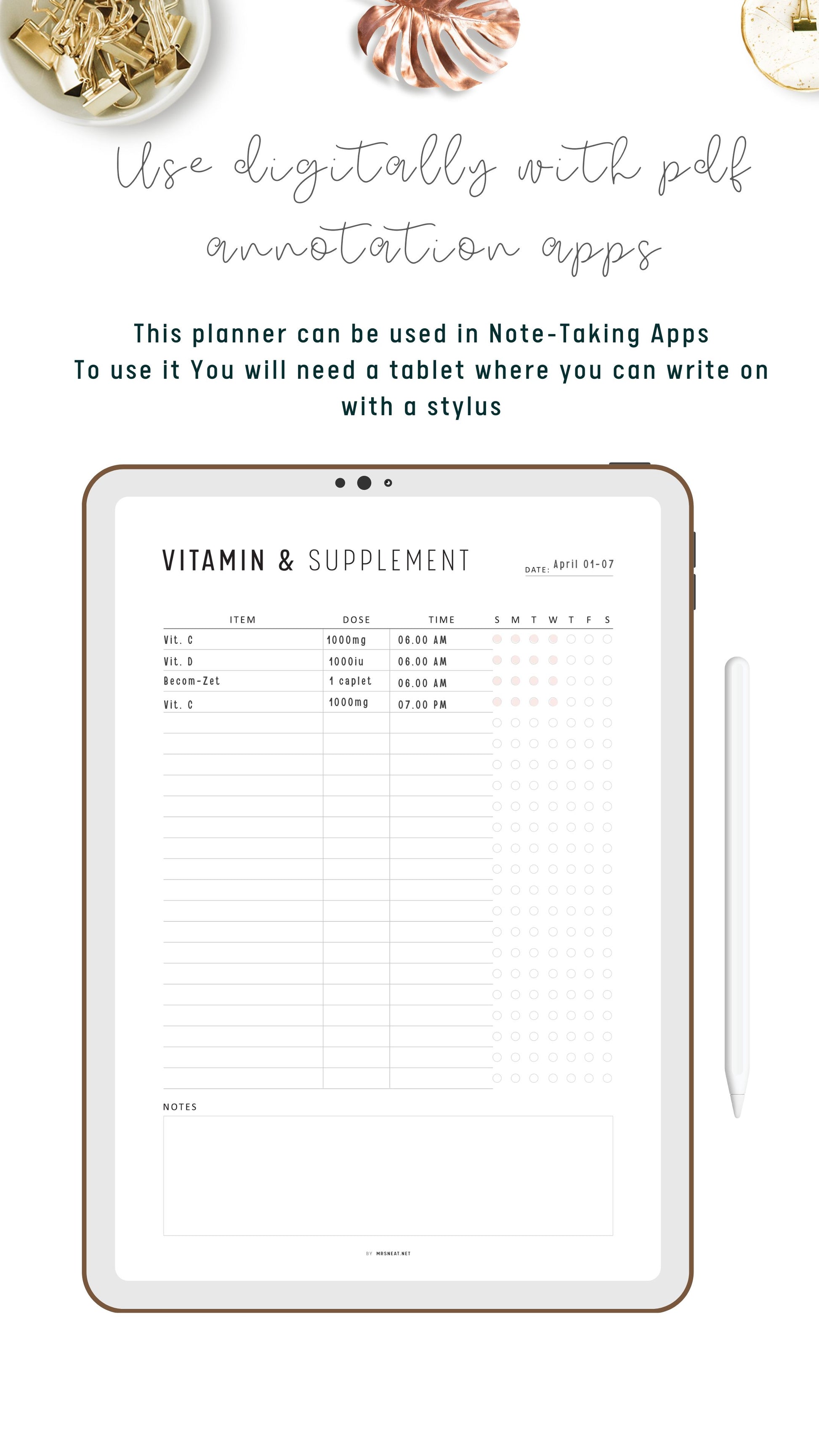 Daily Vitamin & Supplements Tracker Printable, A4, A5, Letter, Half Letter, Digital Planner, Sunday and Monday start included, 4 versions, Digital Planner