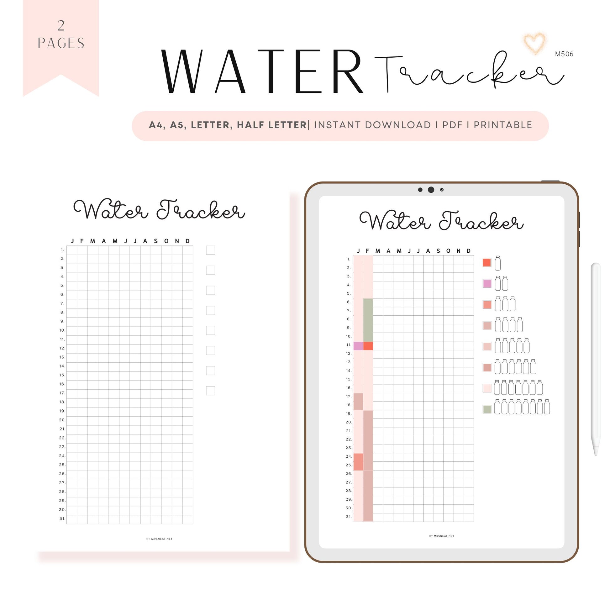 Water Tracker Printable PDF, A4, A5, Letter, Half Letter, Digital Planner, Minimalist Planner, Pre-filled & blank version 