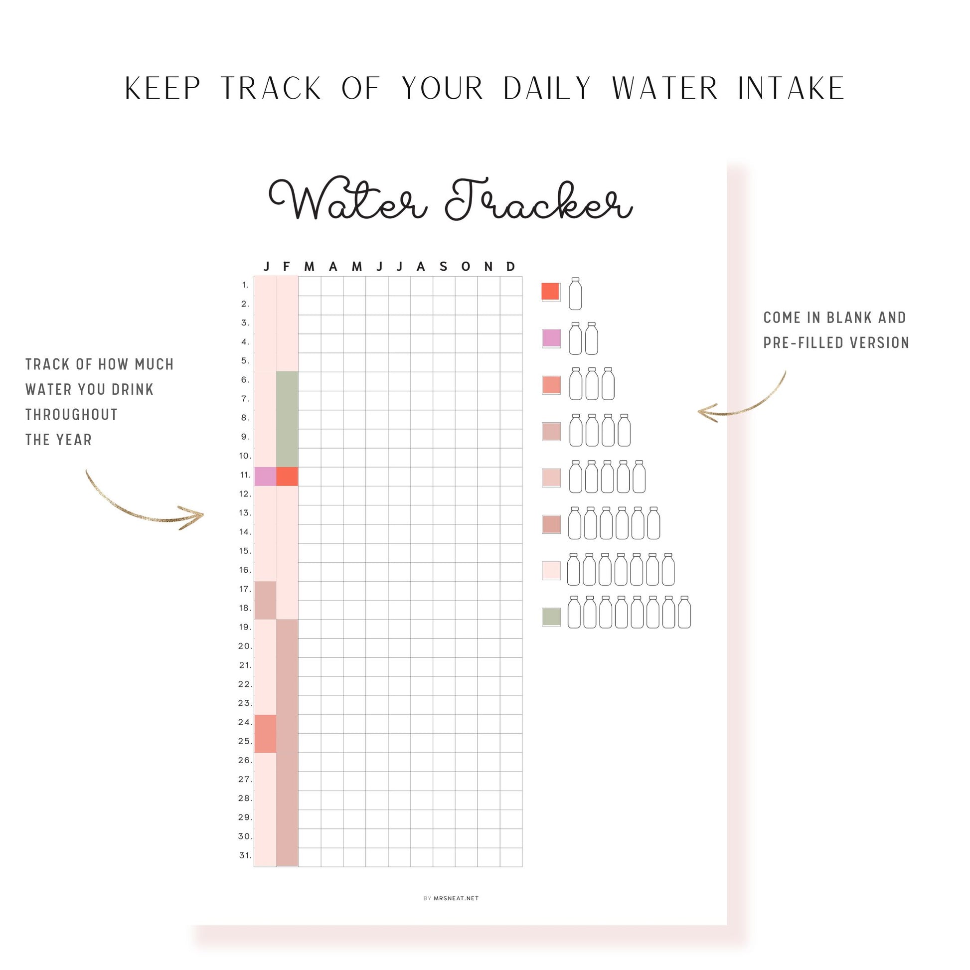 Water Tracker Printable PDF, A4, A5, Letter, Half Letter, Digital Planner, Minimalist Planner, Pre-filled & blank version 