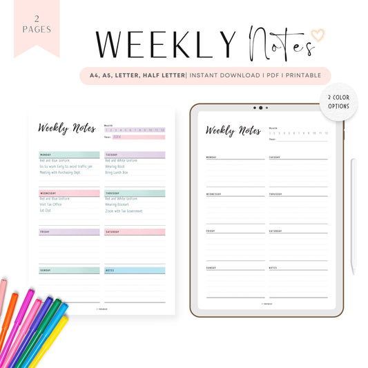 Weekly Notes Template Printable, 2 color options, PDF