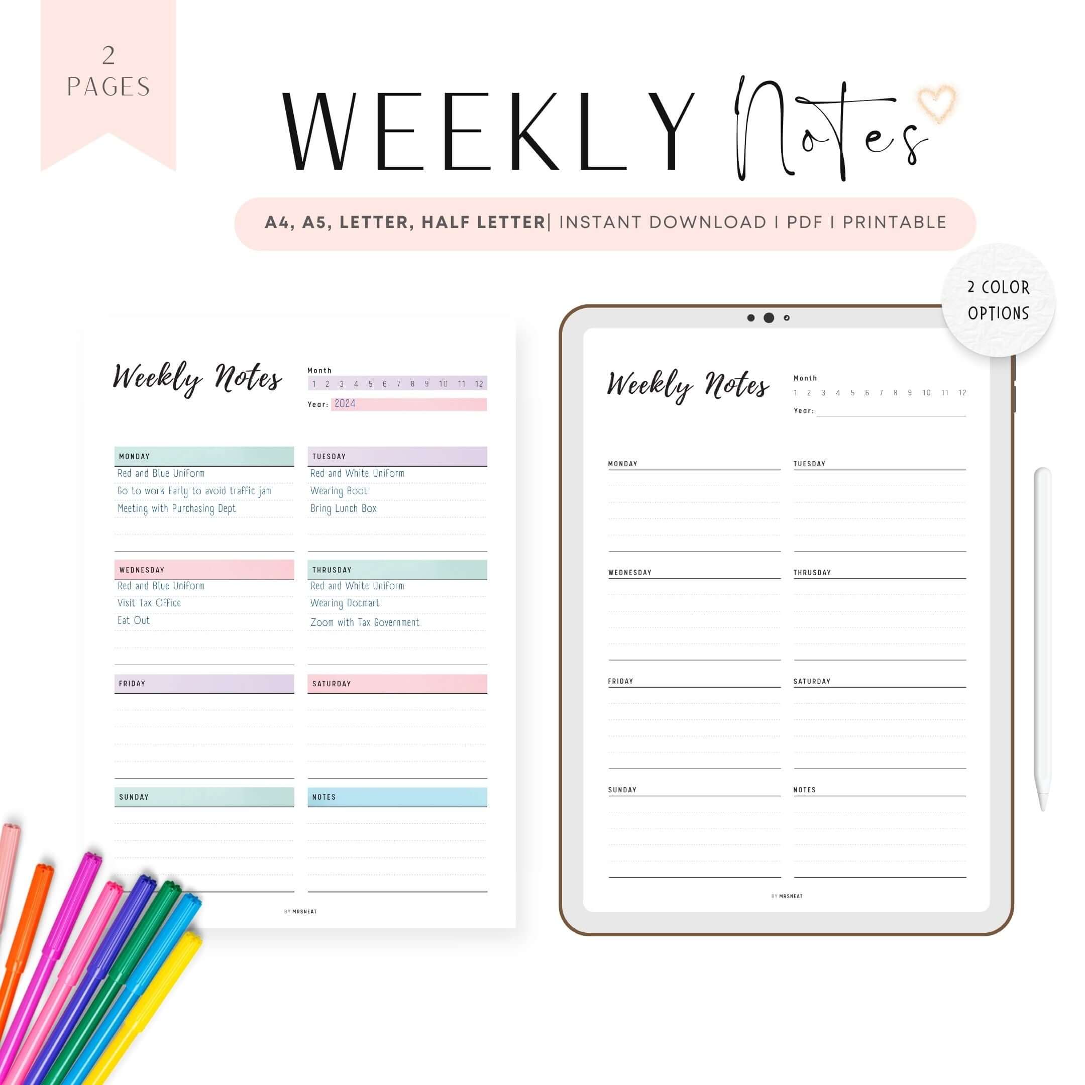 Weekly Notes Template Printable - M385 – mrsneat