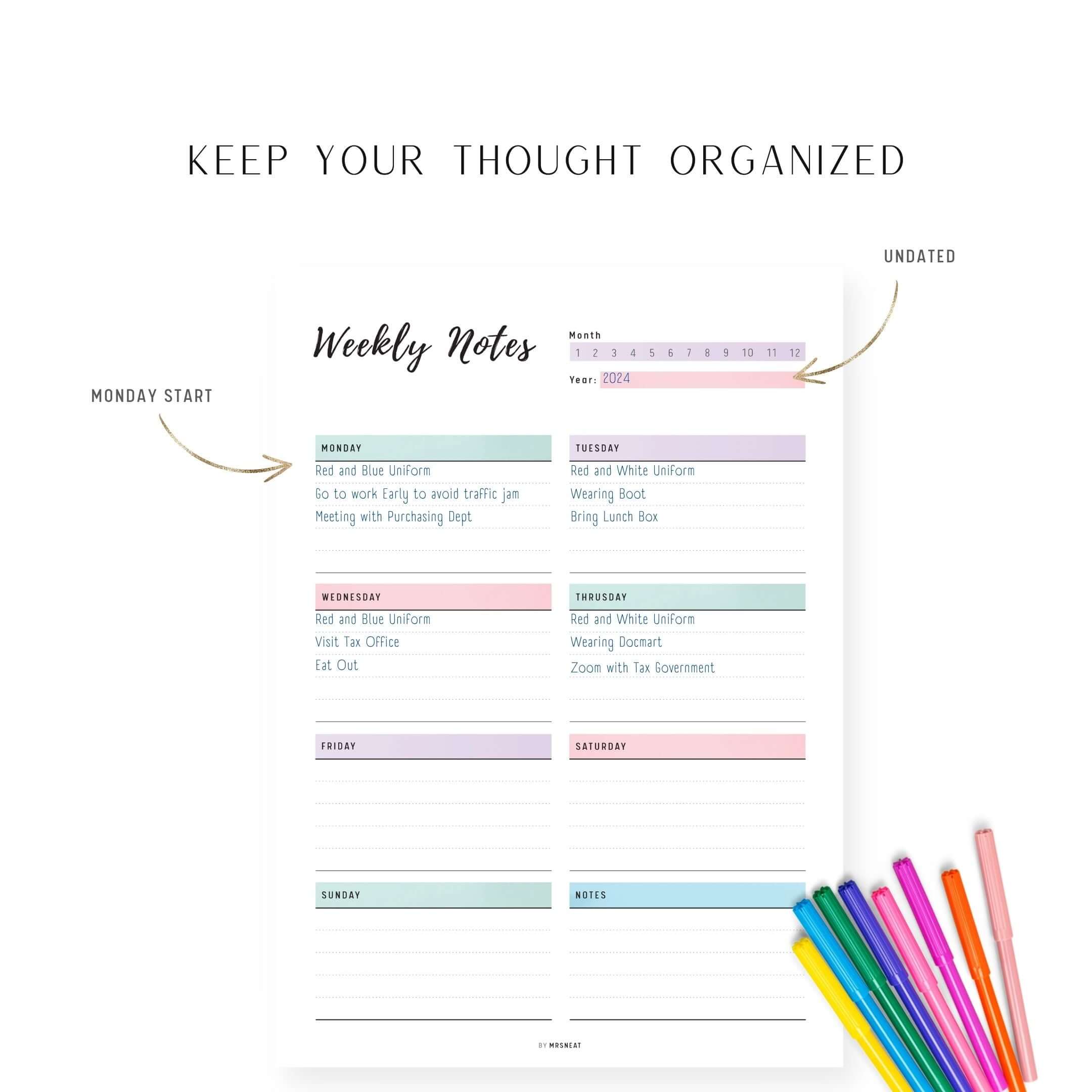 Weekly Notes Template Printable - M385 – mrsneat