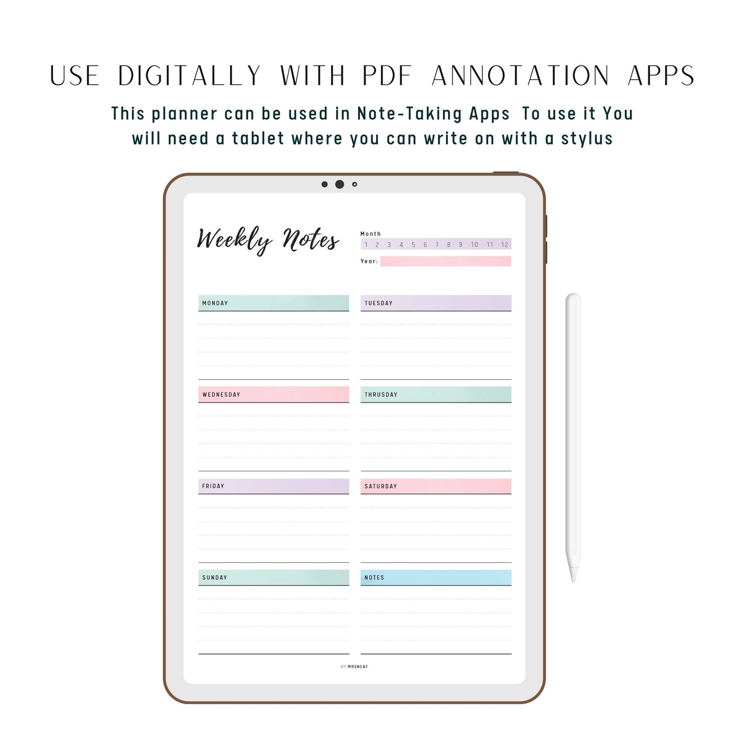 Digital Weekly Notes Template, 2 color options, PDF