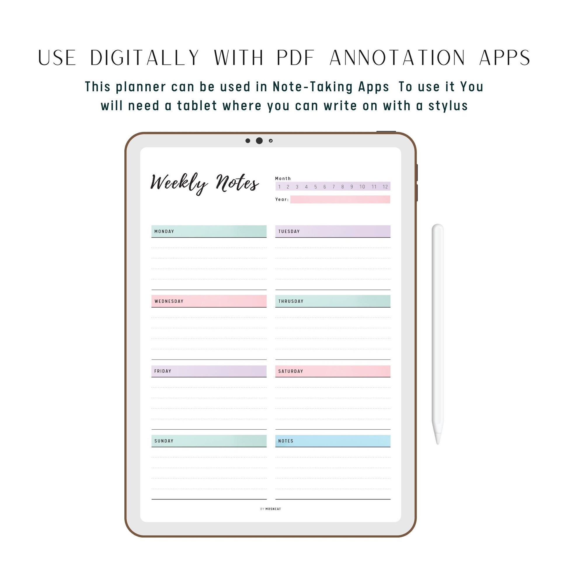 Digital Weekly Notes Template, 2 color options, PDF