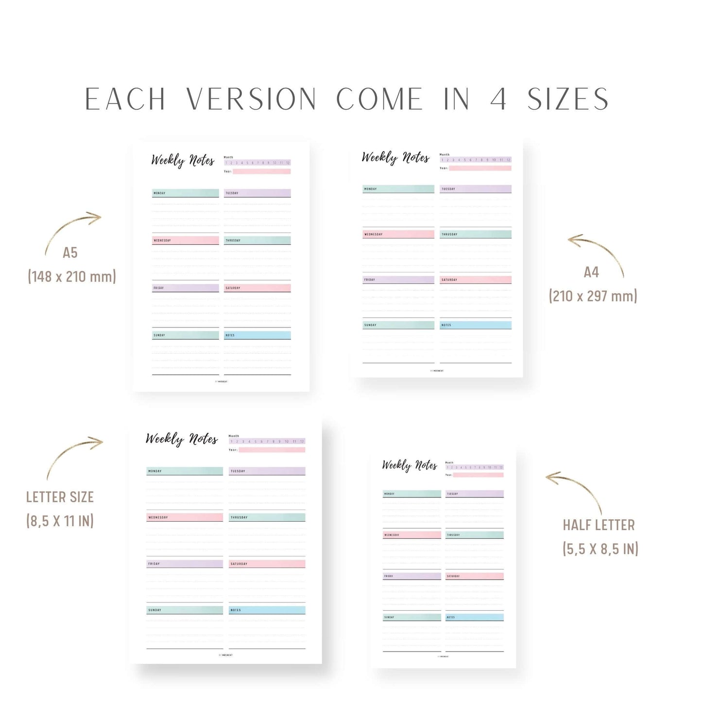 A4, A5, Letter, Half Letter Weekly Notes Template Printable, 2 color options, PDF