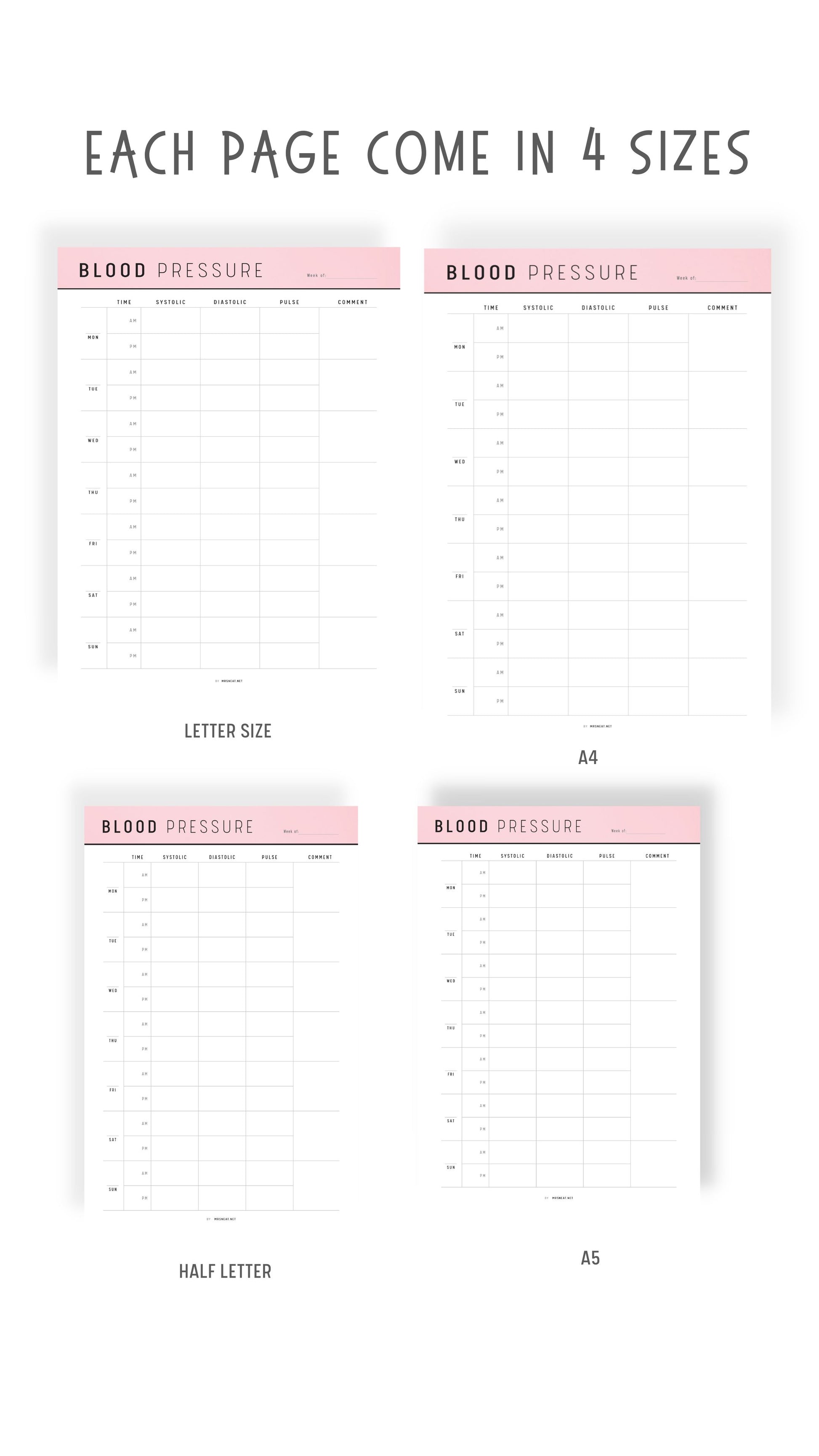 A4, Letter, Half Letter, A5 Daily Blood Pressure Log Printable