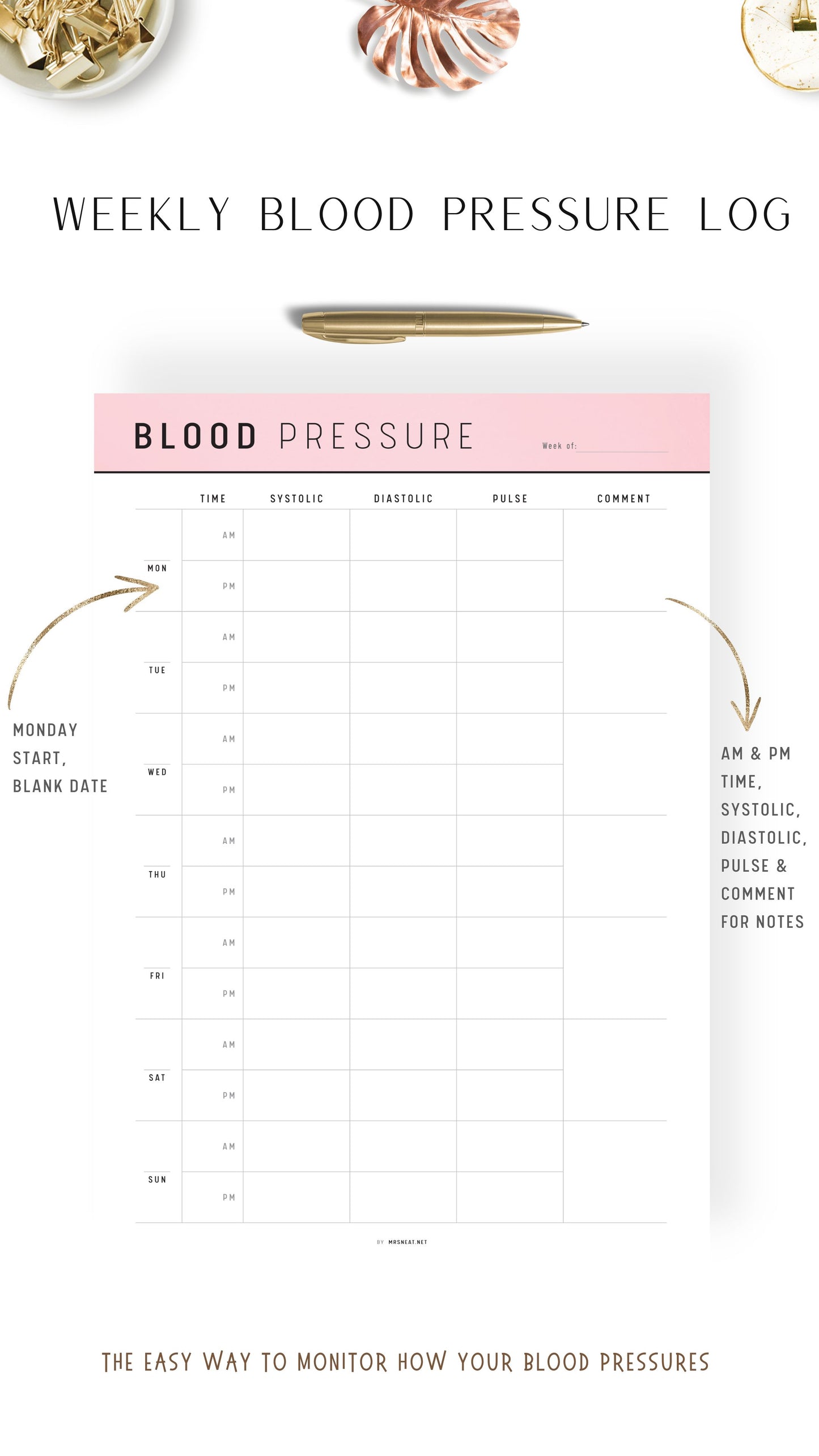 Pink Daily Blood Pressure Log Printable