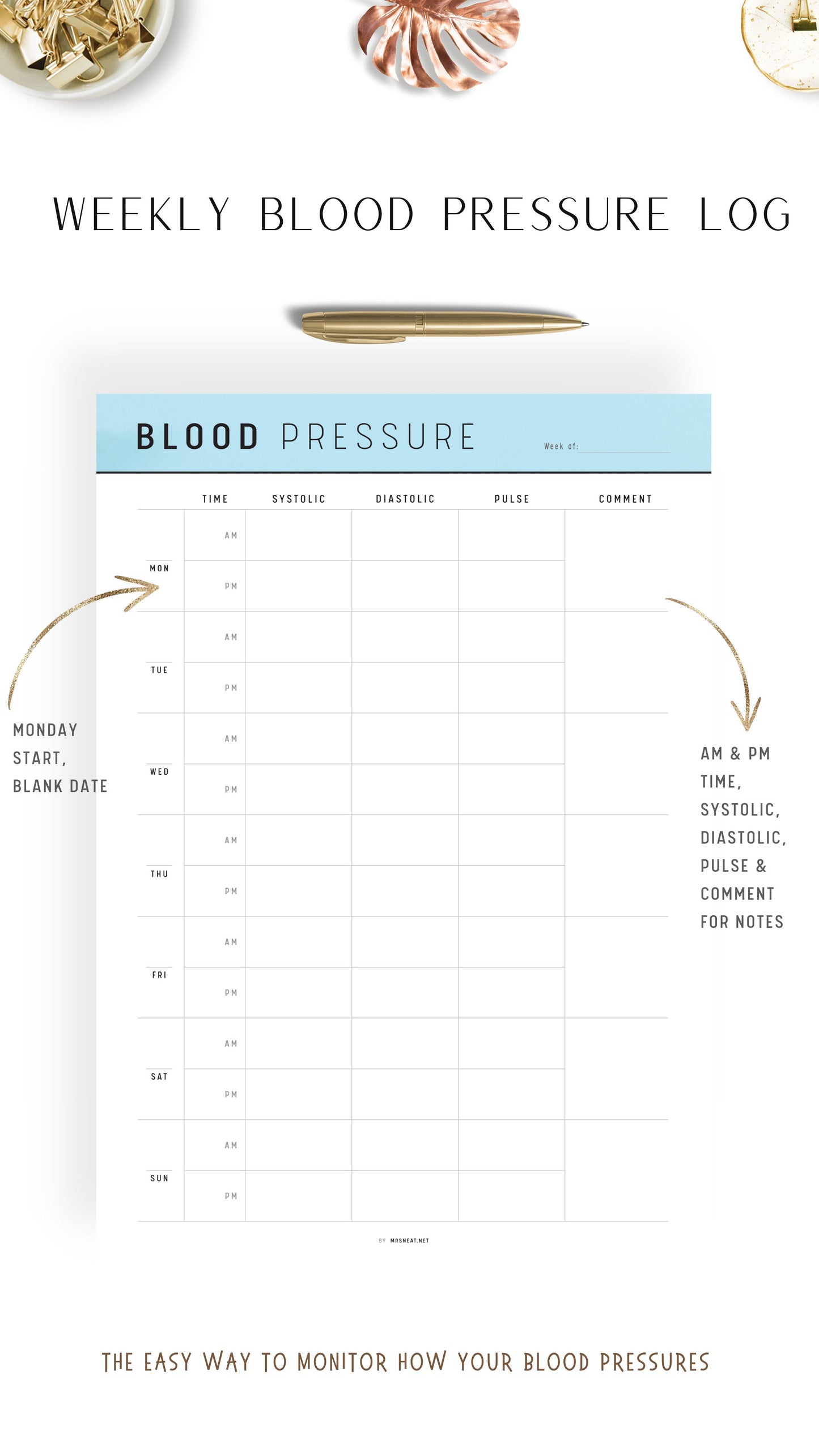 Blue Daily Blood Pressure Log Template