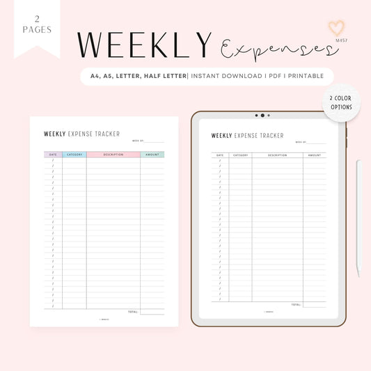 Weekly Expense Tracker, Printable, A4, A5, Half Letter, Letter, PDF, Digital Planner, 2 Colors, Instant Download