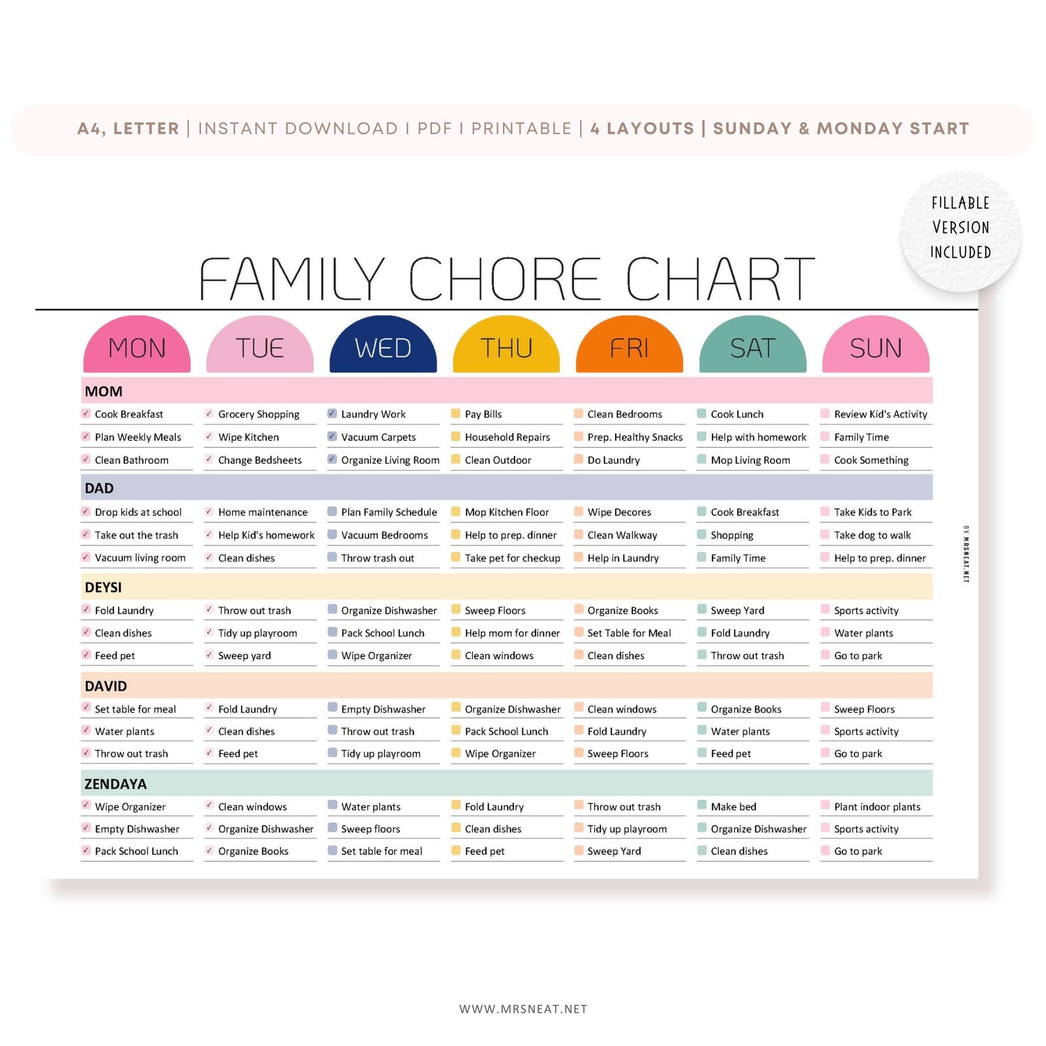 Weekly Family chore chart editable and PRINTABLE, Family Chore list,Household kid adult family schedule template, Family planner, 4 Layouts, A4, Letter