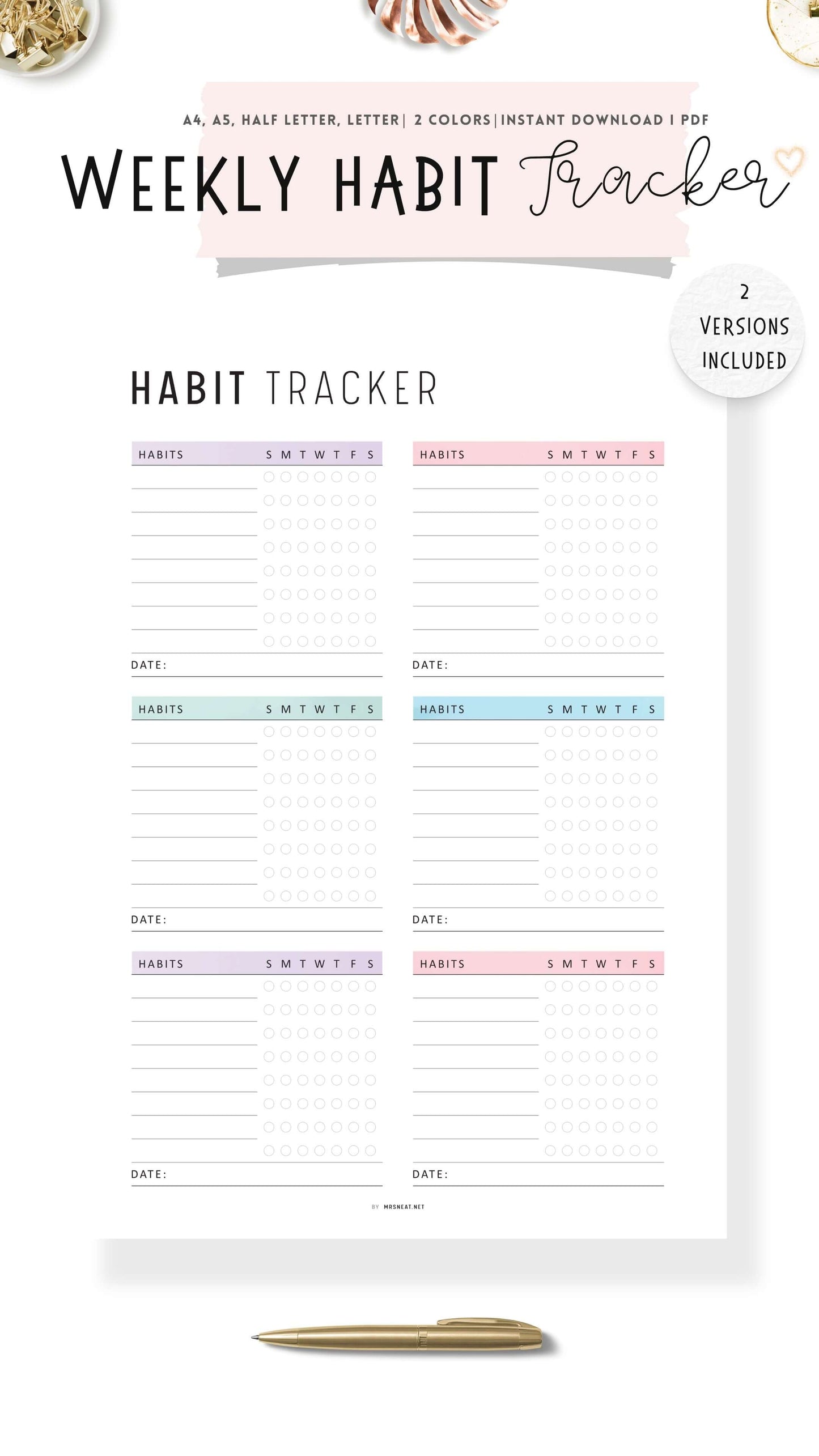 Weekly Habit Tracker Template Printable, 2 versions, 2 color options, Sunday Start, A4, A5, Letter, Half Letter, Digital Habit Tracker, Colorful and Minimalist Style, PDF