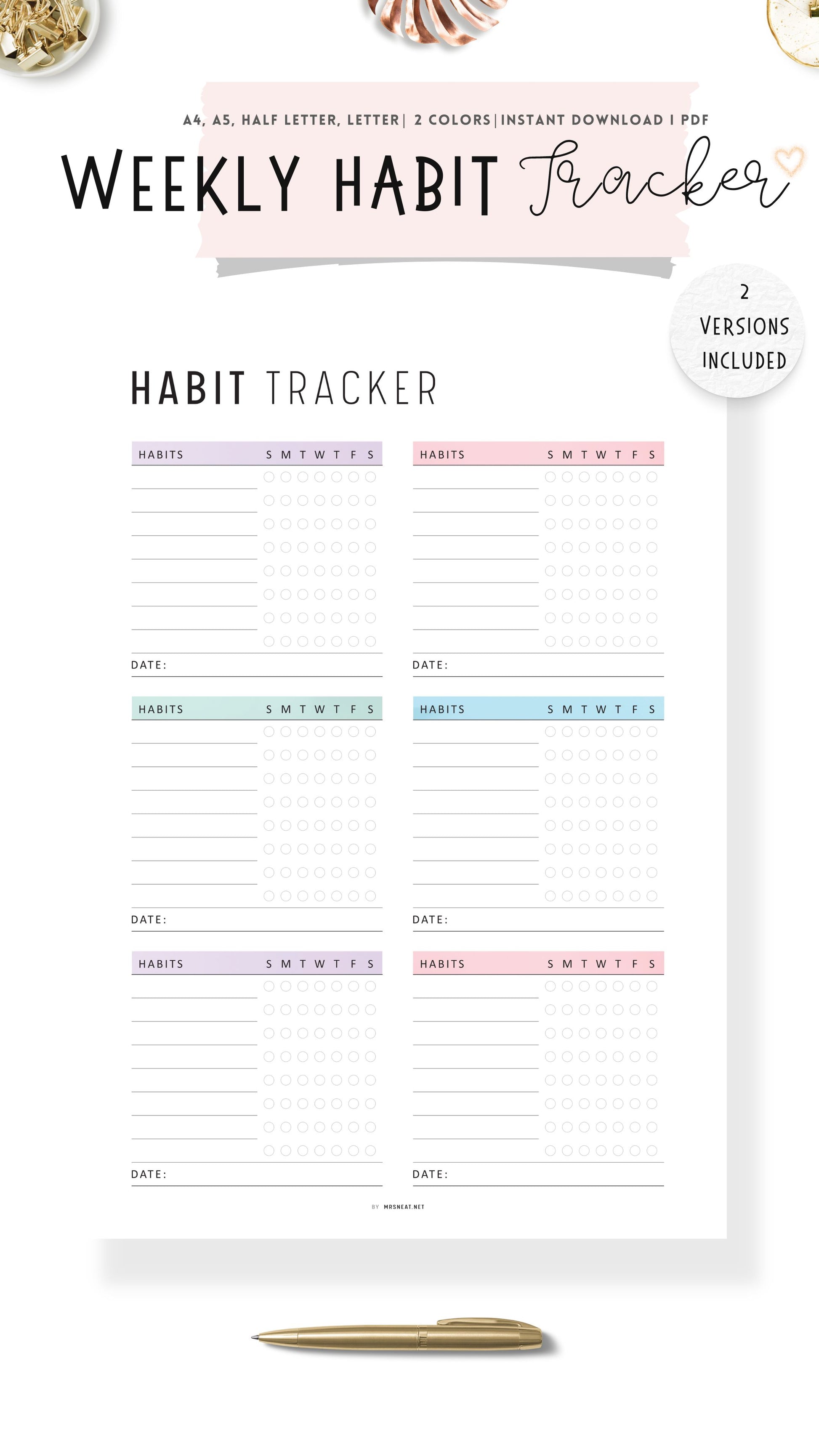 Weekly Habit Tracker Template Printable, 2 versions, 2 color options, Sunday Start, A4, A5, Letter, Half Letter, Digital Habit Tracker, Colorful and Minimalist Style, PDF