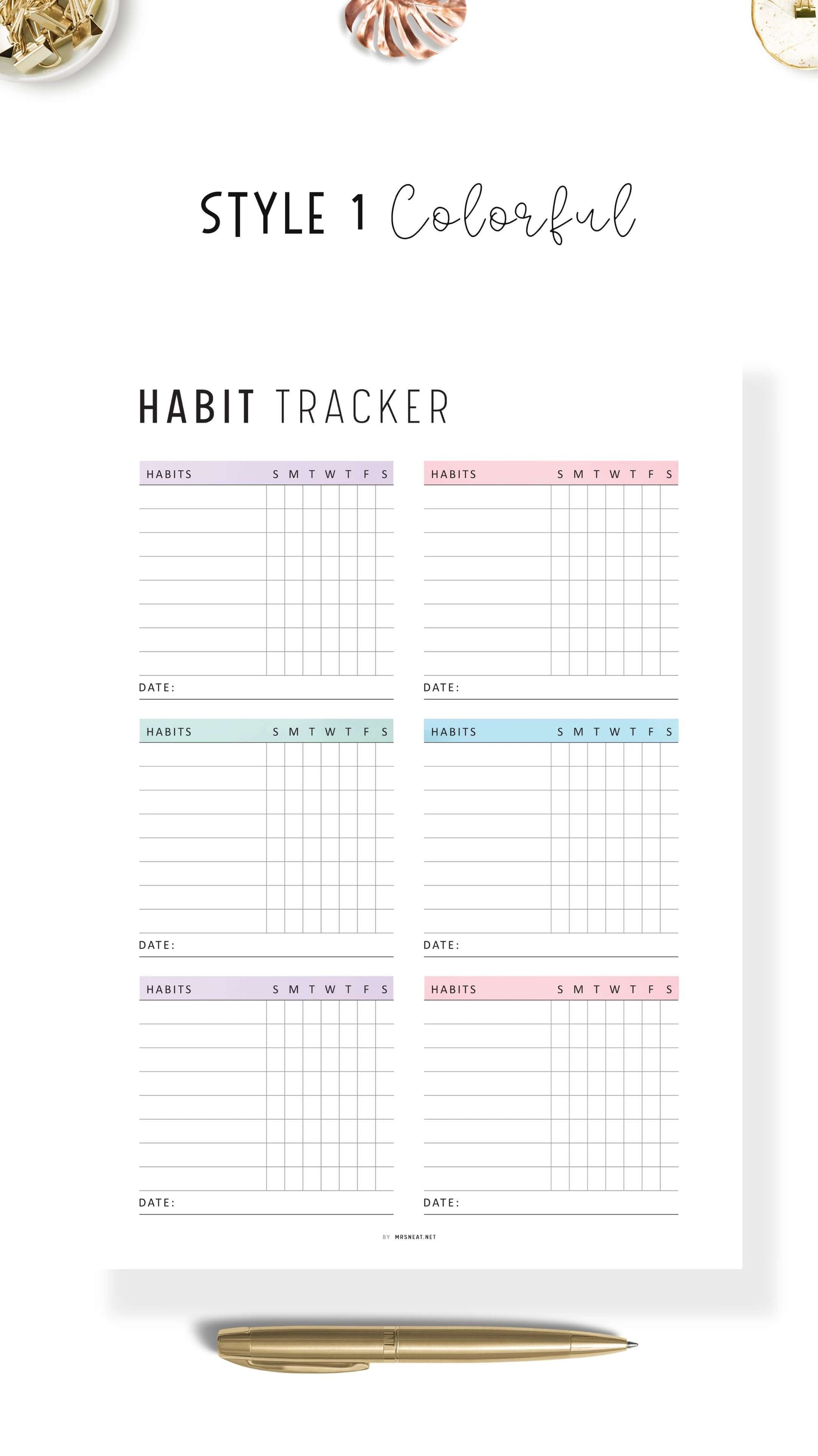 Weekly Habit Tracker Template Printable, 2 versions, 2 color options, Sunday Start, A4, A5, Letter, Half Letter, Digital Habit Tracker, Colorful and Minimalist Style, PDF