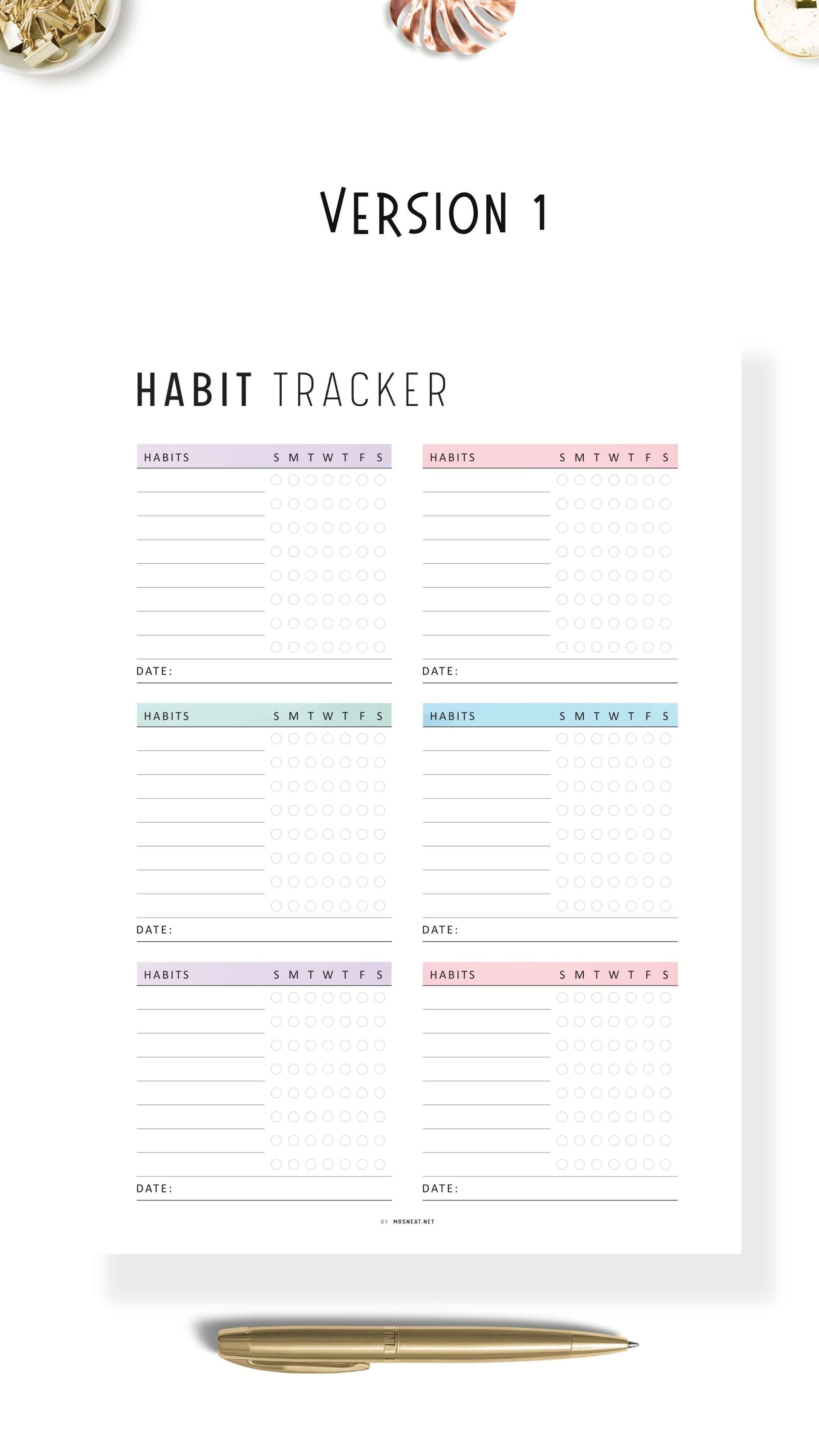 Weekly Habit Tracker Template Printable, 2 versions, 2 color options, Sunday Start, A4, A5, Letter, Half Letter, Digital Habit Tracker, Colorful and Minimalist Style, PDF