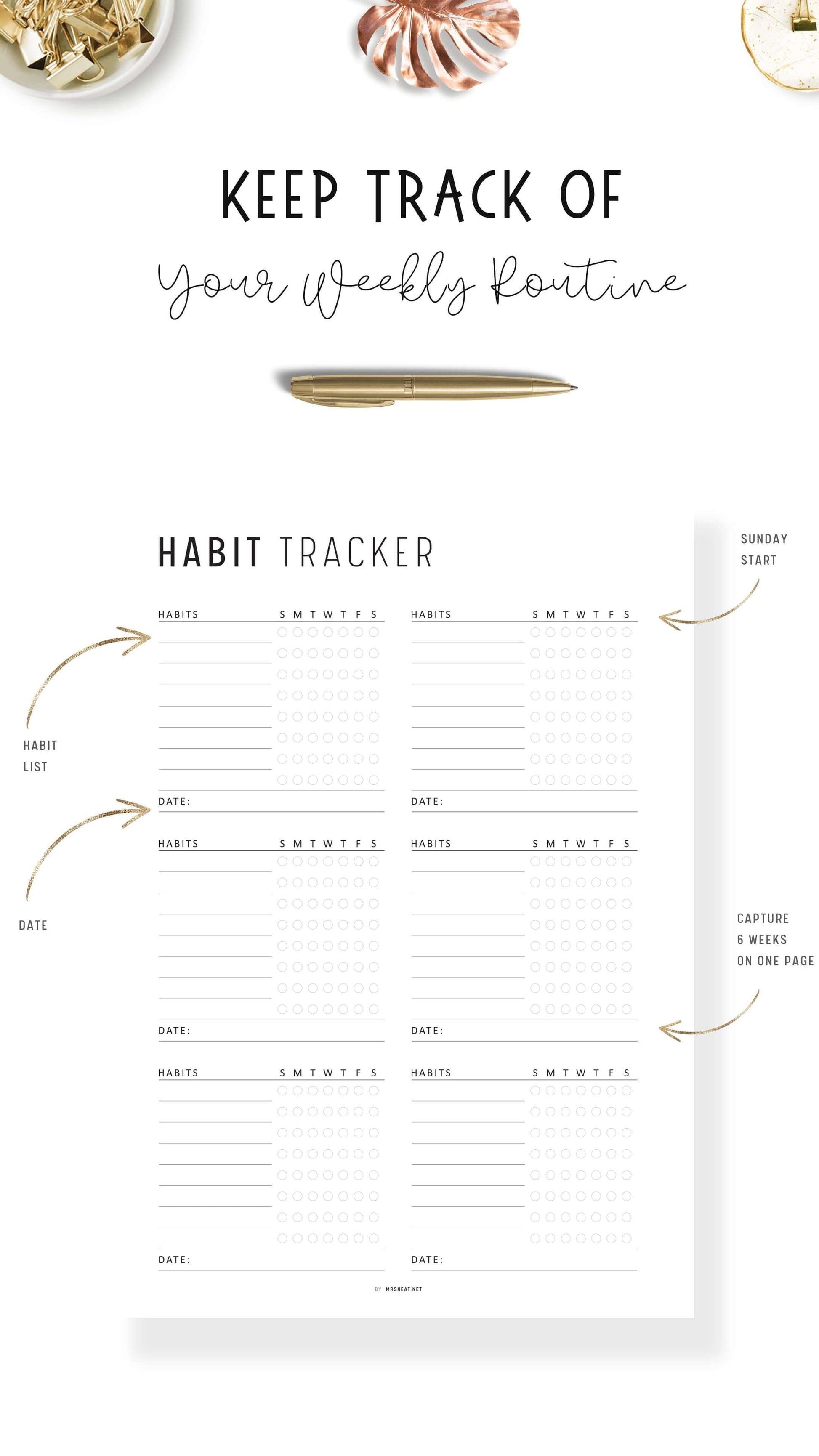 Weekly Habit Tracker Template Printable, 2 versions, 2 color options, Sunday Start, A4, A5, Letter, Half Letter, Digital Habit Tracker, Colorful and Minimalist Style, PDF