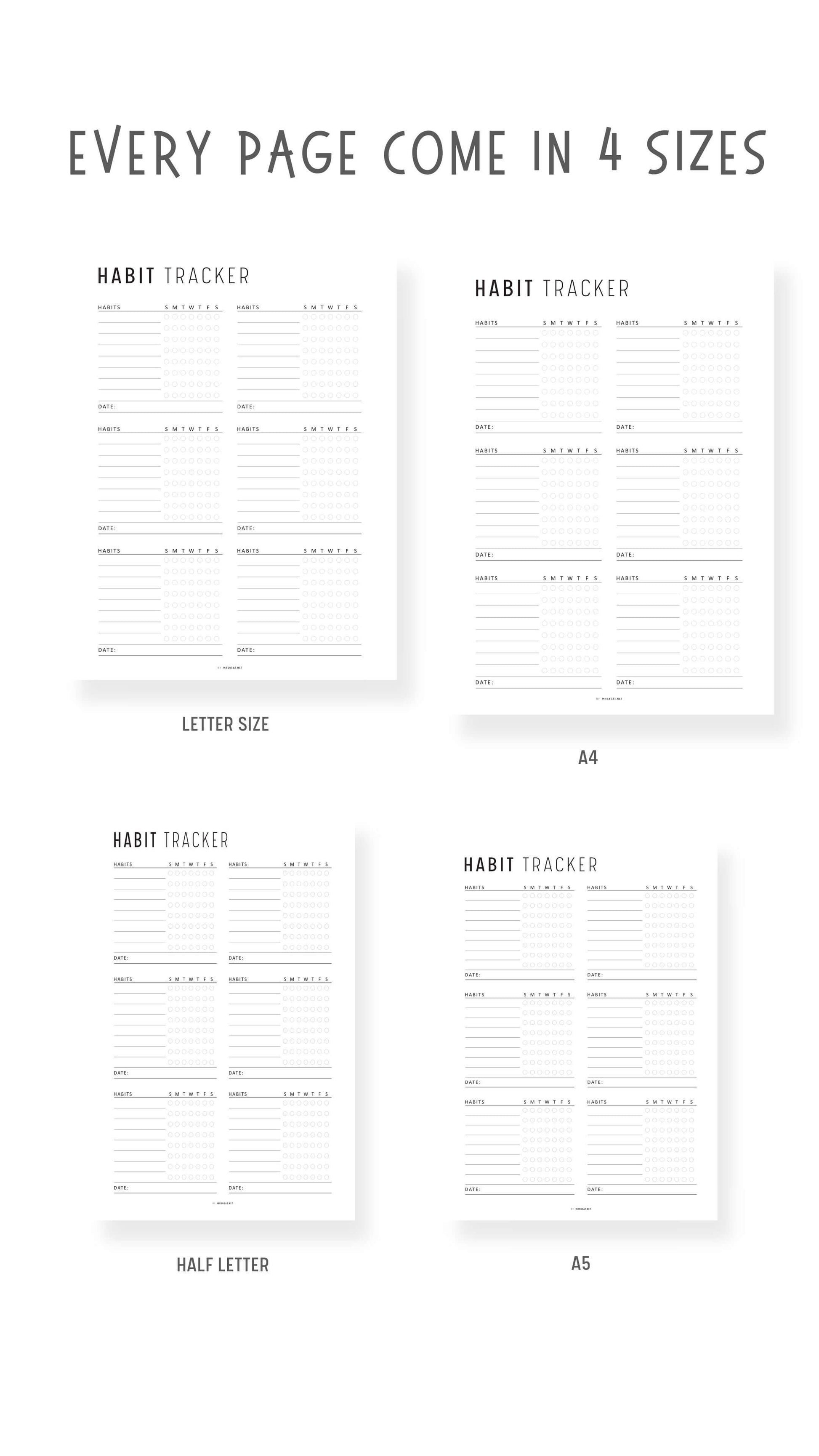 Weekly Habit Tracker Template Printable, 2 versions, 2 color options, Sunday Start, A4, A5, Letter, Half Letter, Digital Habit Tracker, Colorful and Minimalist Style, PDF