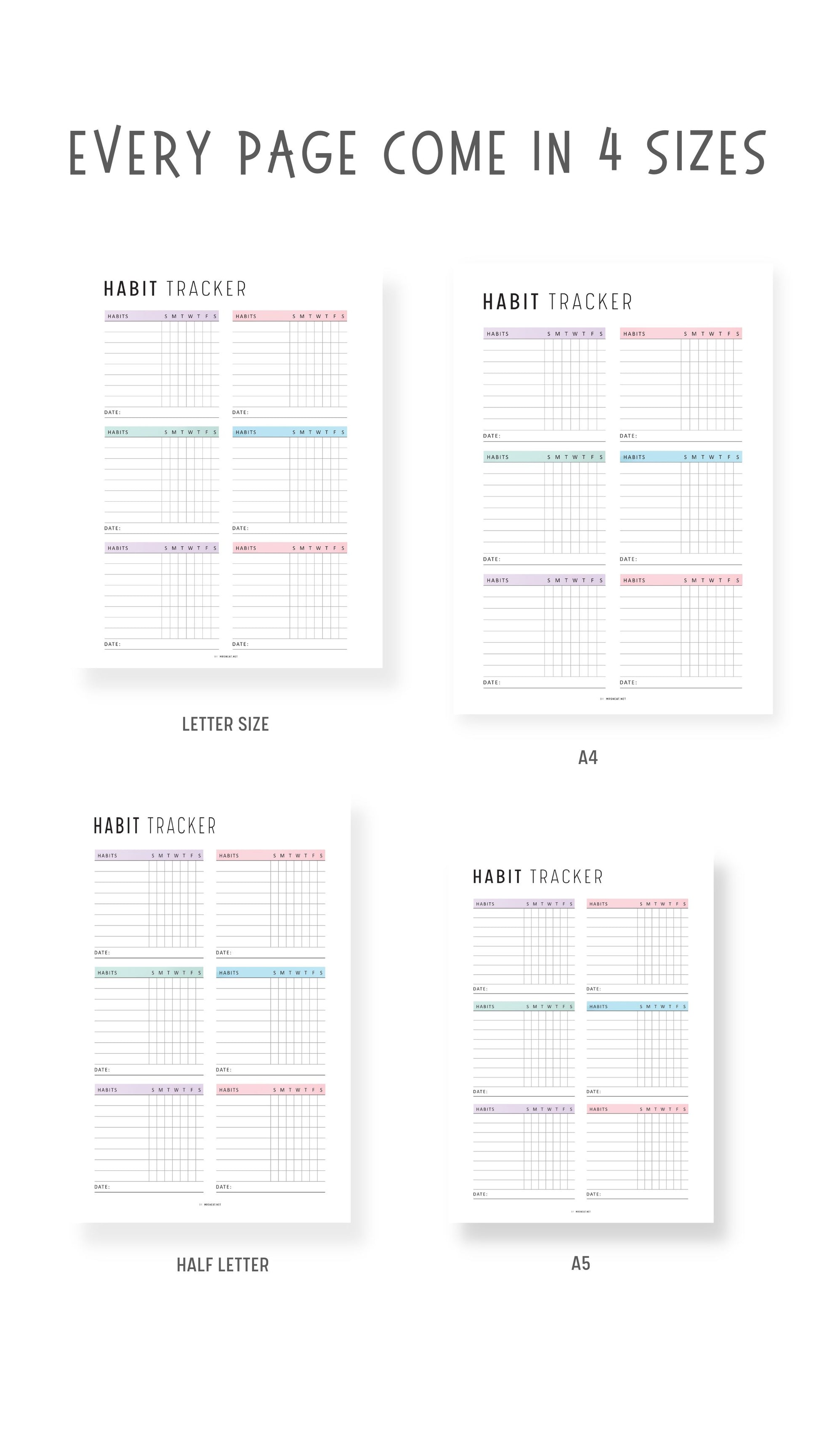 Weekly Habit Tracker Template Printable, 2 versions, 2 color options, Sunday Start, A4, A5, Letter, Half Letter, Digital Habit Tracker, Colorful and Minimalist Style, PDF