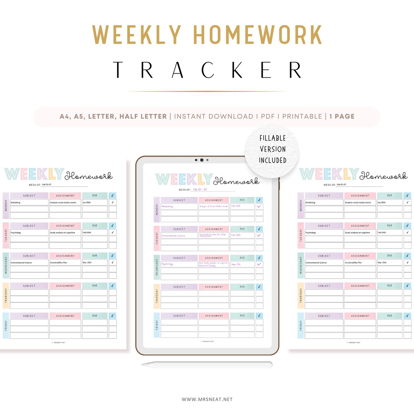 Editable Homework Planner, Printable, Digital, Student Planner, Assignment Checklist, Study Planner, School Tracker Template, PDF, A4, A5, Letter, Half Letter, Colorful, PDF Fillable and Editable, Digital Planner