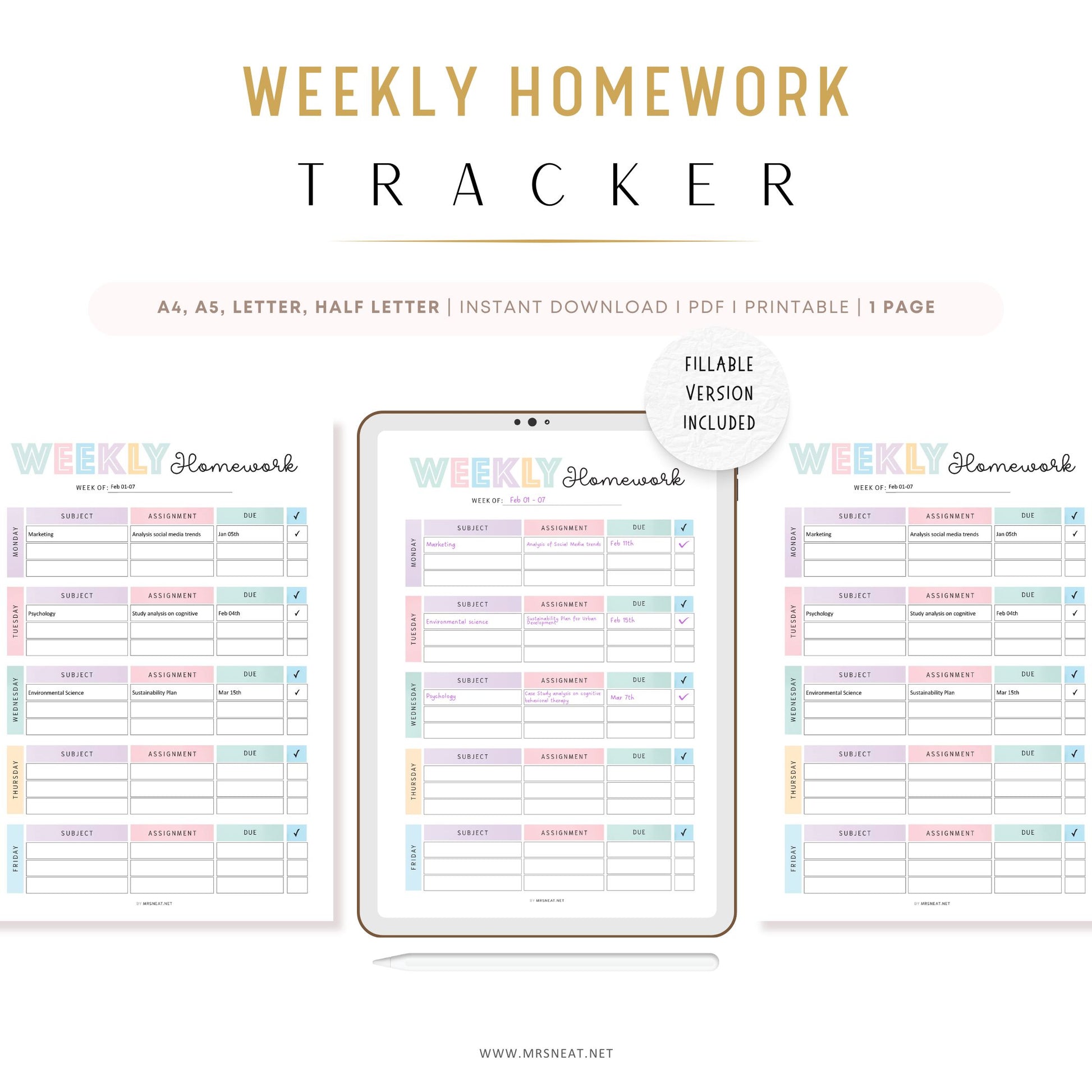 Editable Homework Planner, Printable, Digital, Student Planner, Assignment Checklist, Study Planner, School Tracker Template, PDF, A4, A5, Letter, Half Letter, Colorful, PDF Fillable and Editable, Digital Planner