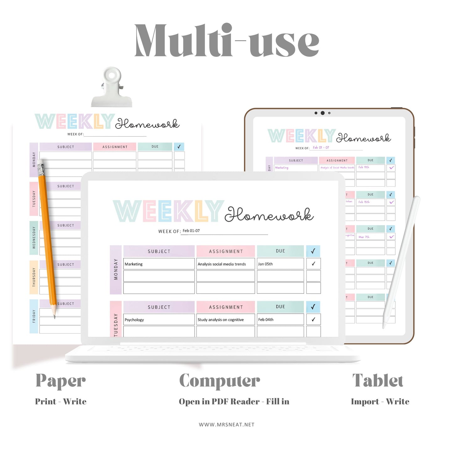 Editable Homework Planner, Printable, Digital, Student Planner, Assignment Checklist, Study Planner, School Tracker Template, PDF, A4, A5, Letter, Half Letter, Colorful, PDF Fillable and Editable, Digital Planner