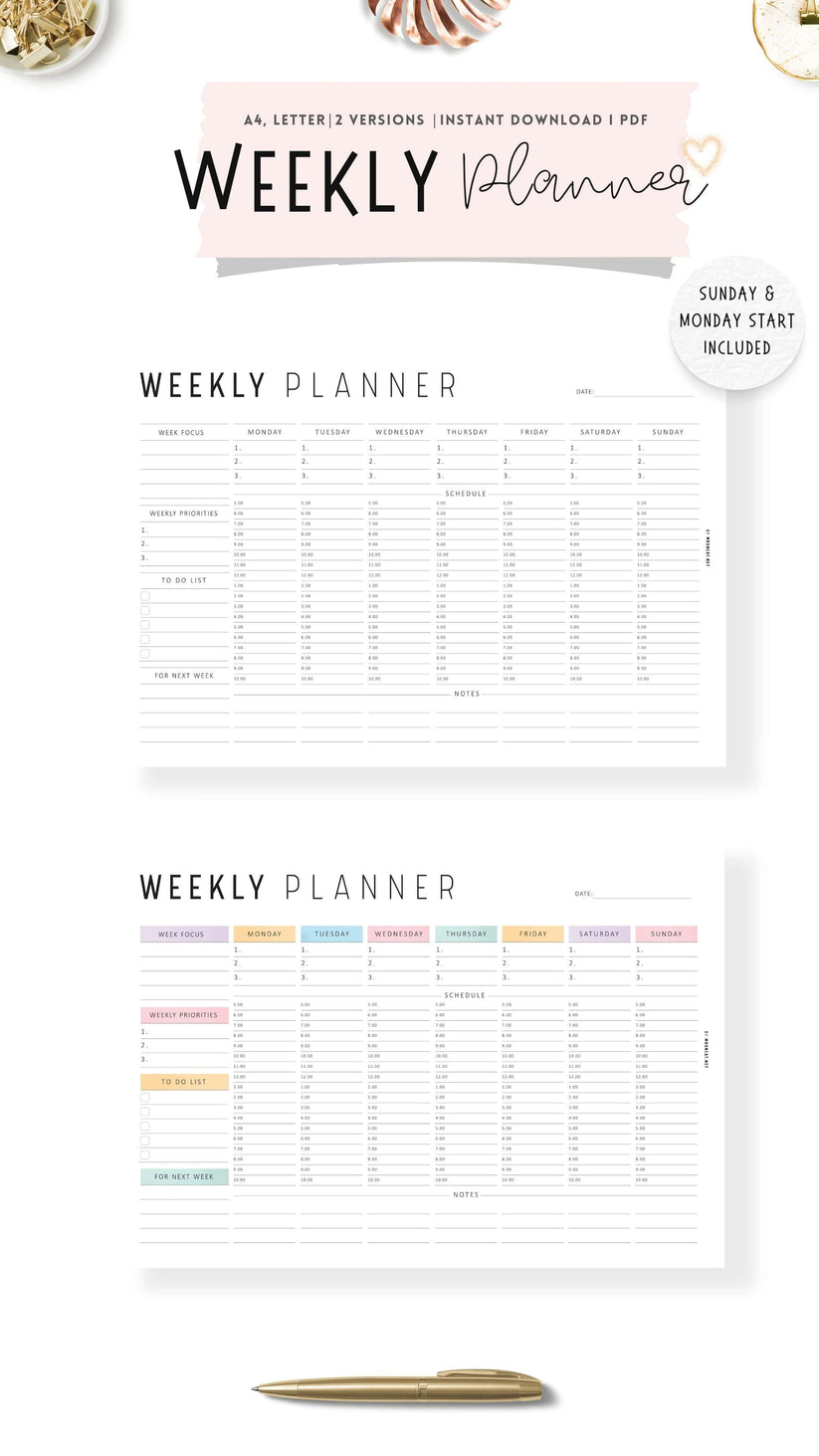 Colorful Weekly Hourly Planner Template Printable - M409 – mrsneat