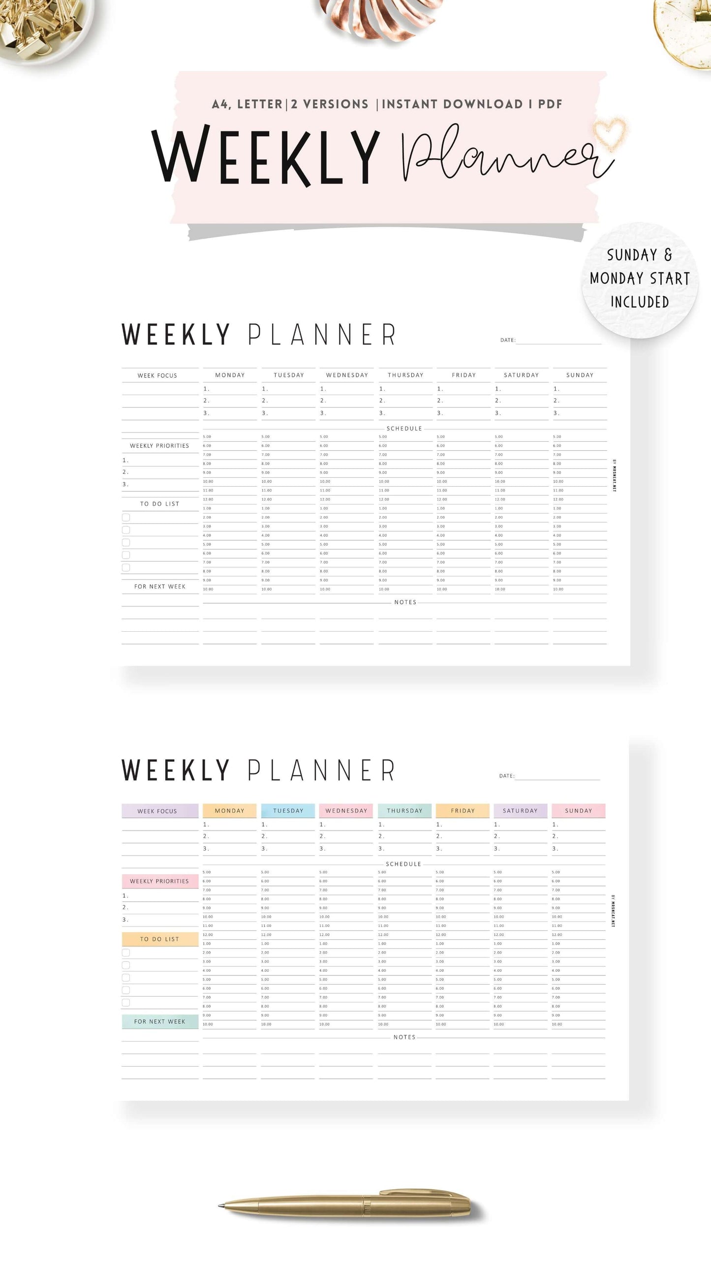 Colorful Weekly Hourly Planner Template Printable, Minimalist Option, A4, Letter, Sunday and Monday start options included, Landscape Template, Digital Planner