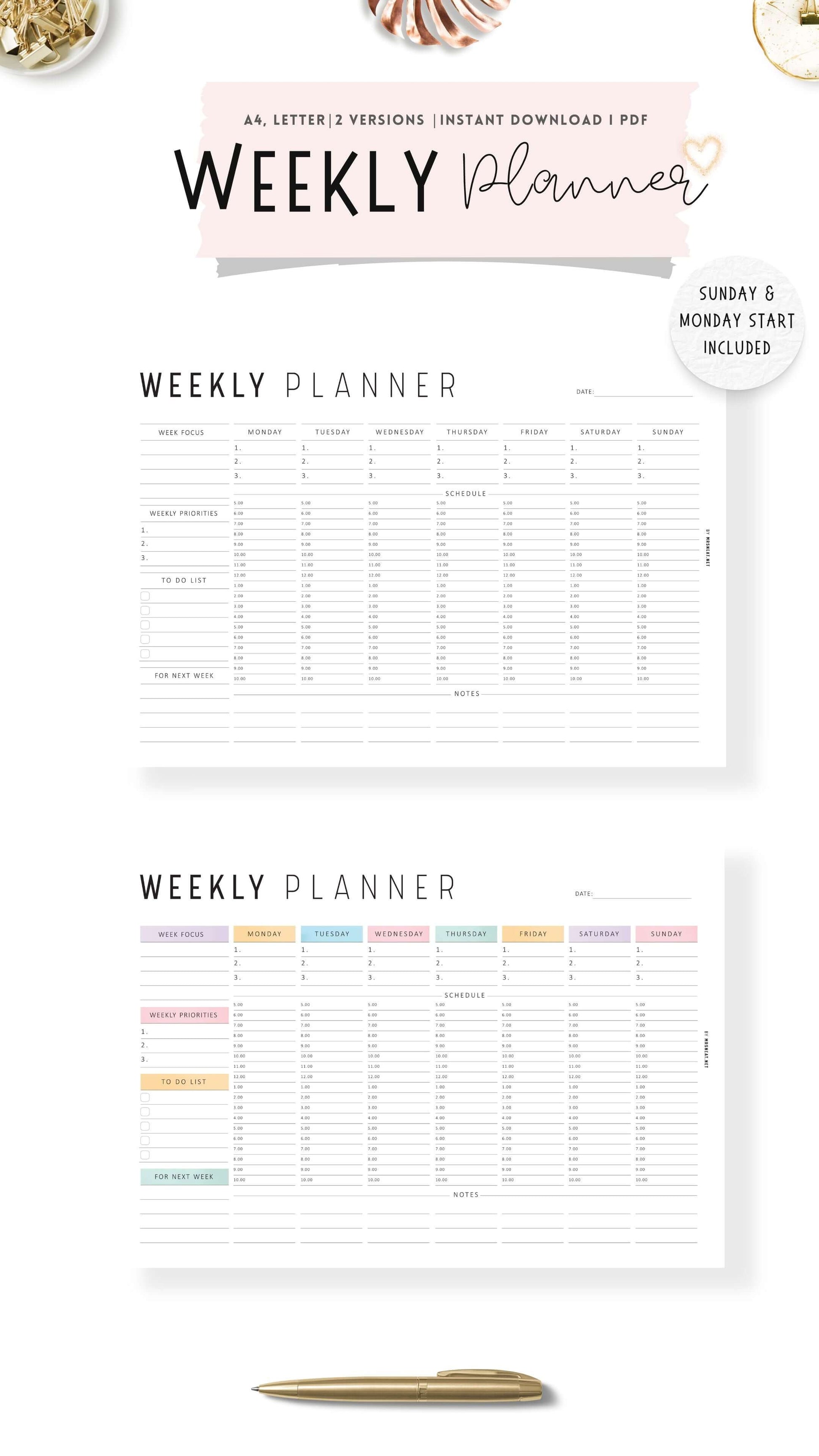 Colorful Weekly Hourly Planner Template Printable, Minimalist Option, A4, Letter, Sunday and Monday start options included, Landscape Template, Digital Planner