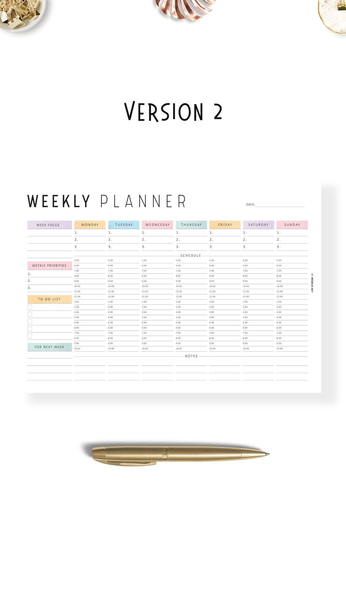 Colorful Weekly Hourly Planner Template Printable, Minimalist Option, A4, Letter, Sunday and Monday start options included, Landscape Template, Digital Planner