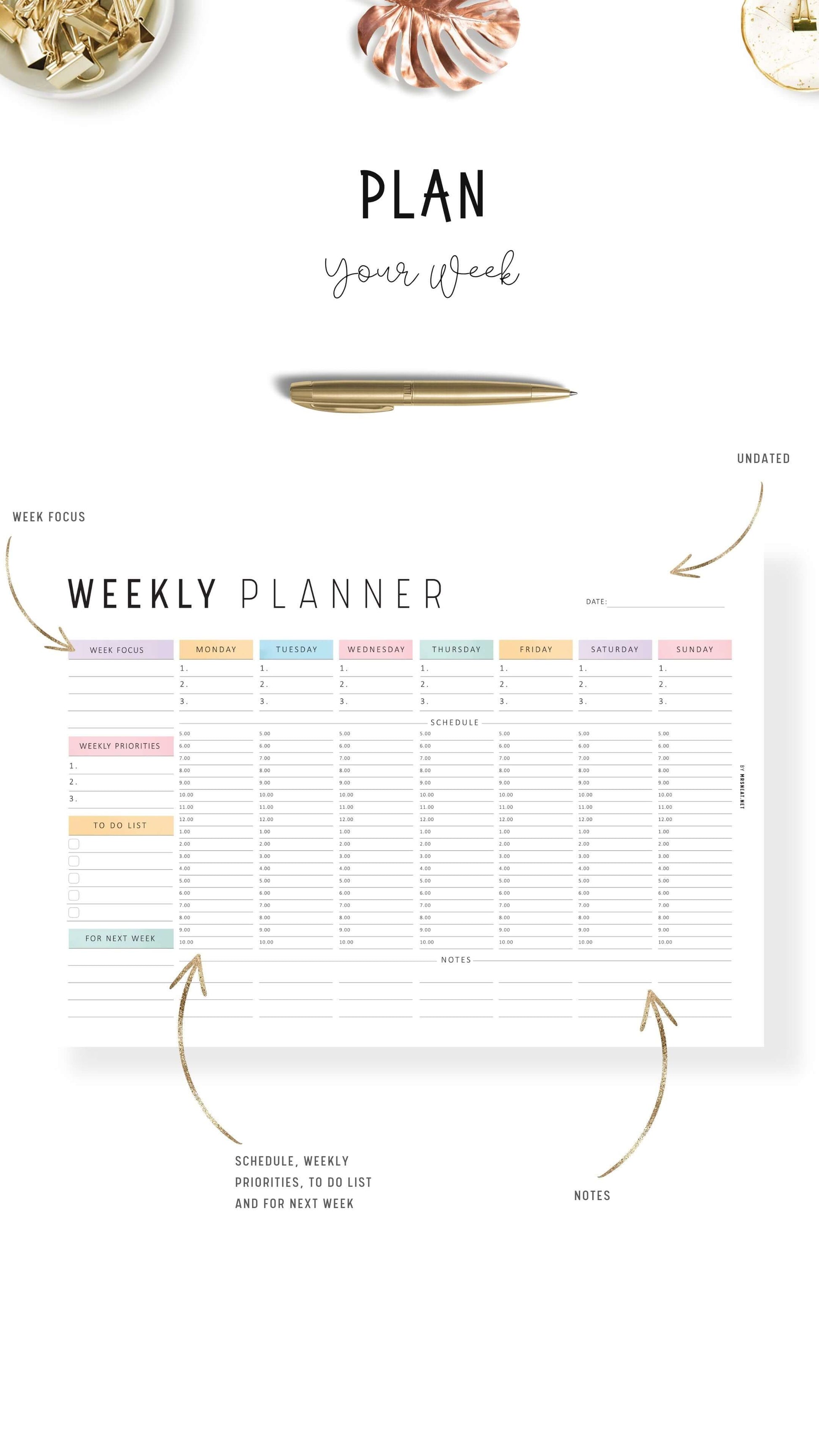 Colorful Weekly Hourly Planner Template Printable, Minimalist Option, A4, Letter, Sunday and Monday start options included, Landscape Template, Digital Planner