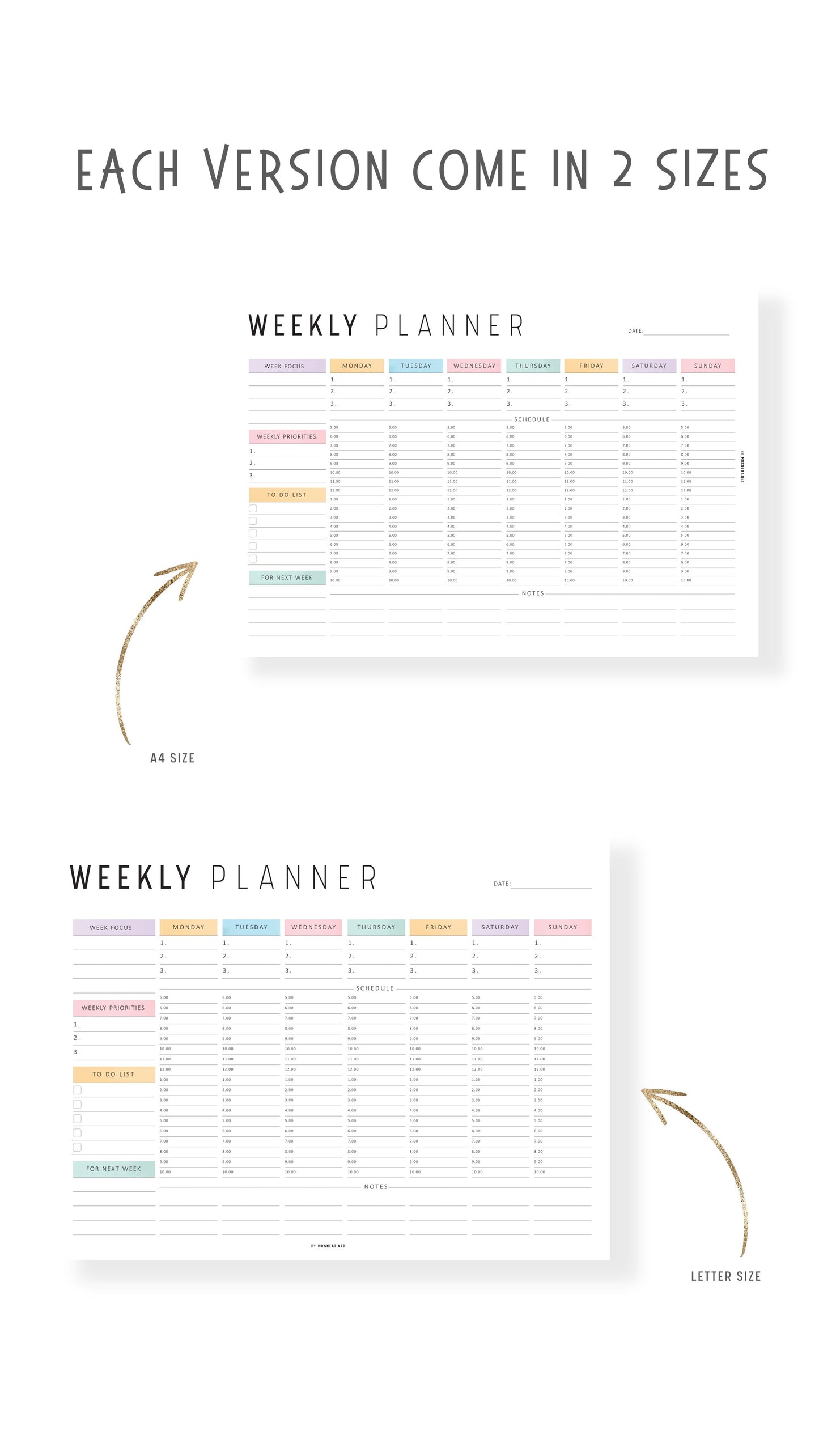 Colorful Weekly Hourly Planner Template Printable, Minimalist Option, A4, Letter, Sunday and Monday start options included, Landscape Template, Digital Planner