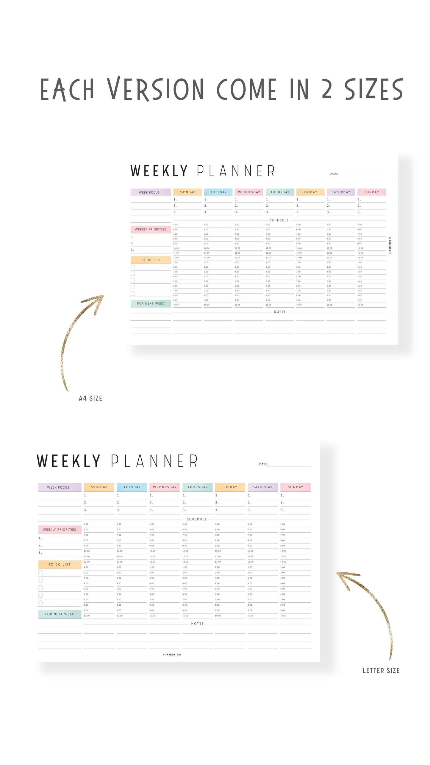 Colorful Weekly Hourly Planner Template Printable, Minimalist Option, A4, Letter, Sunday and Monday start options included, Landscape Template, Digital Planner