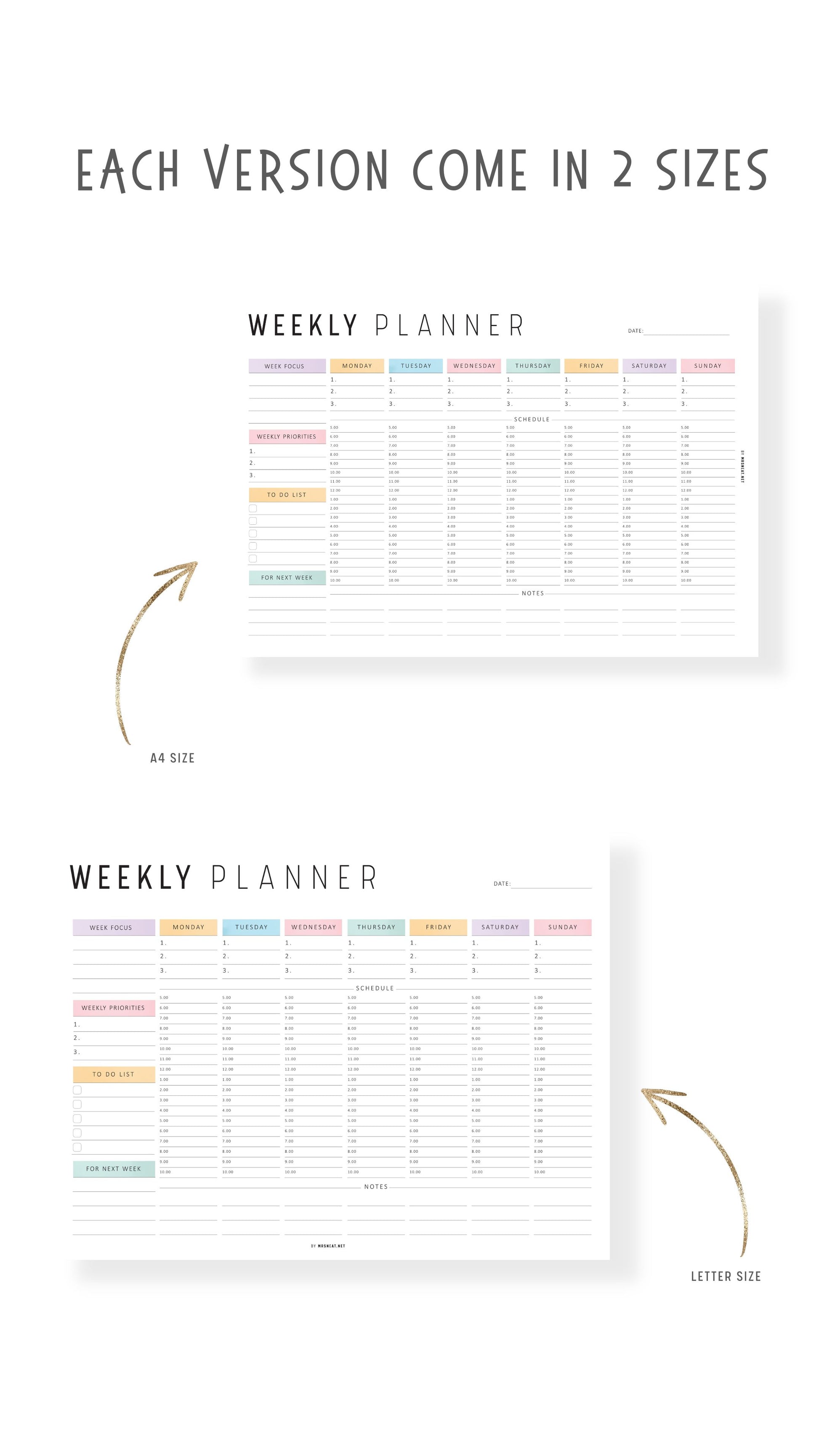 Colorful Weekly Hourly Planner Template Printable, Minimalist Option, A4, Letter, Sunday and Monday start options included, Landscape Template, Digital Planner