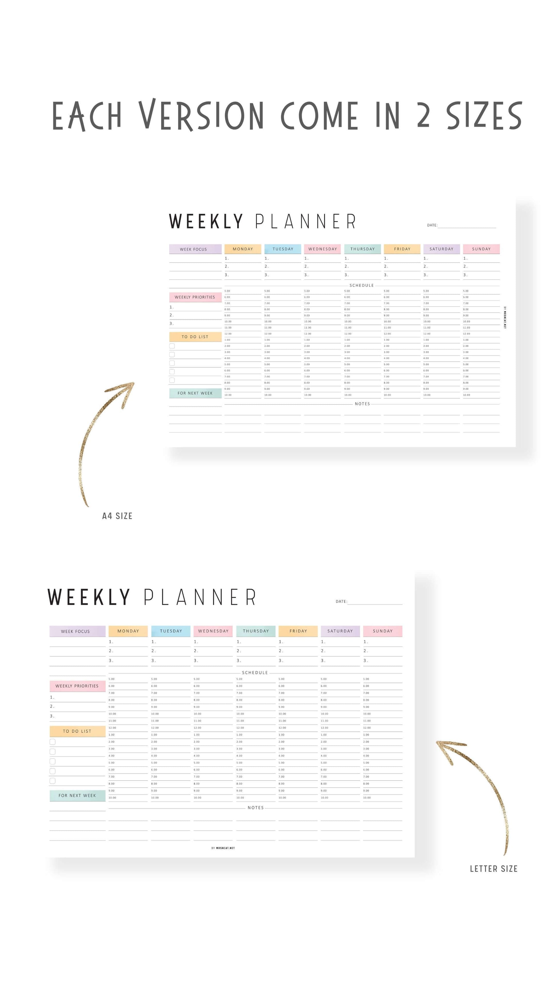 Colorful Weekly Hourly Planner Template Printable, Minimalist Option, A4, Letter, Sunday and Monday start options included, Landscape Template, Digital Planner