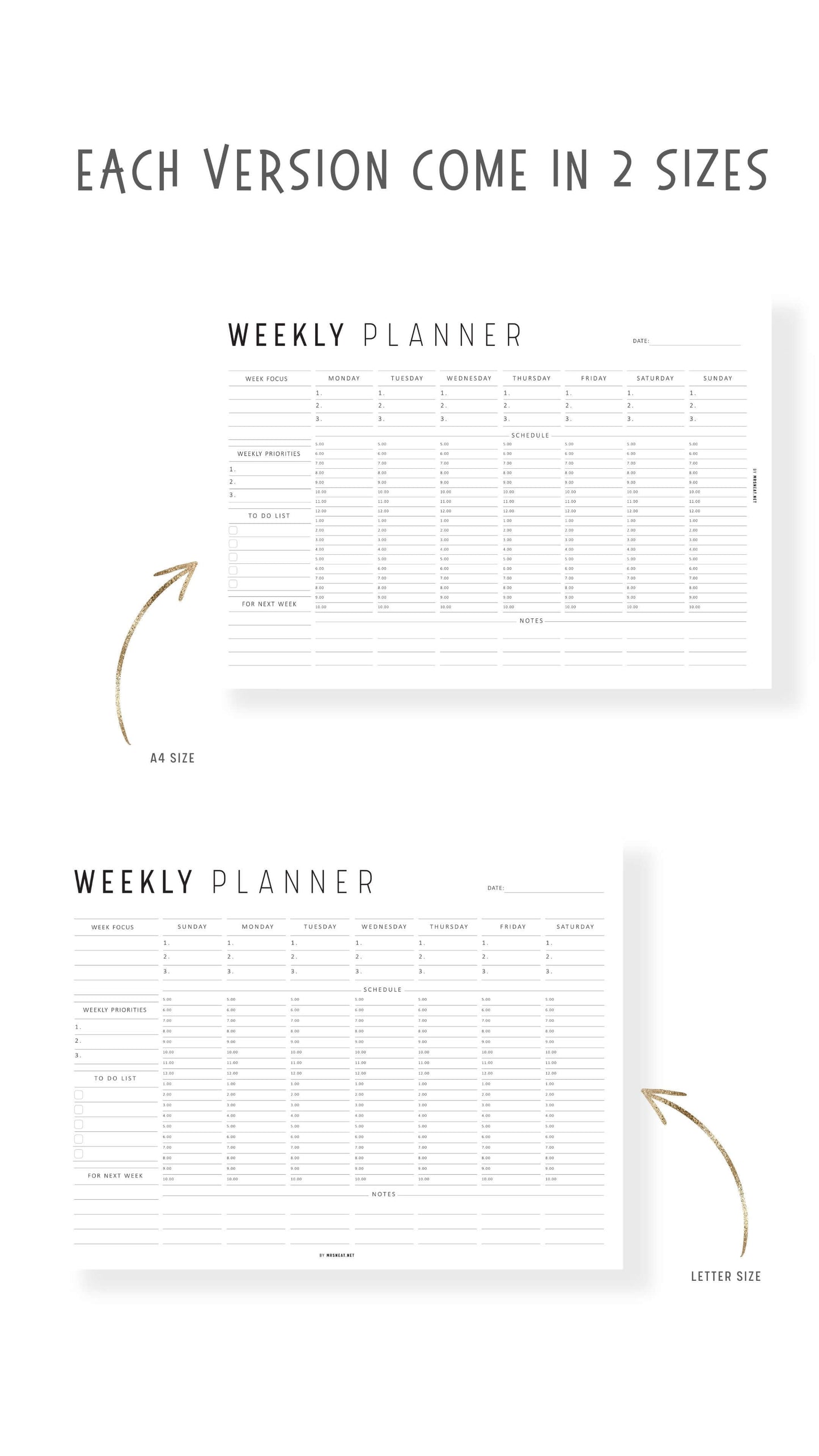 Colorful Weekly Hourly Planner Template Printable, Minimalist Option, A4, Letter, Sunday and Monday start options included, Landscape Template, Digital Planner