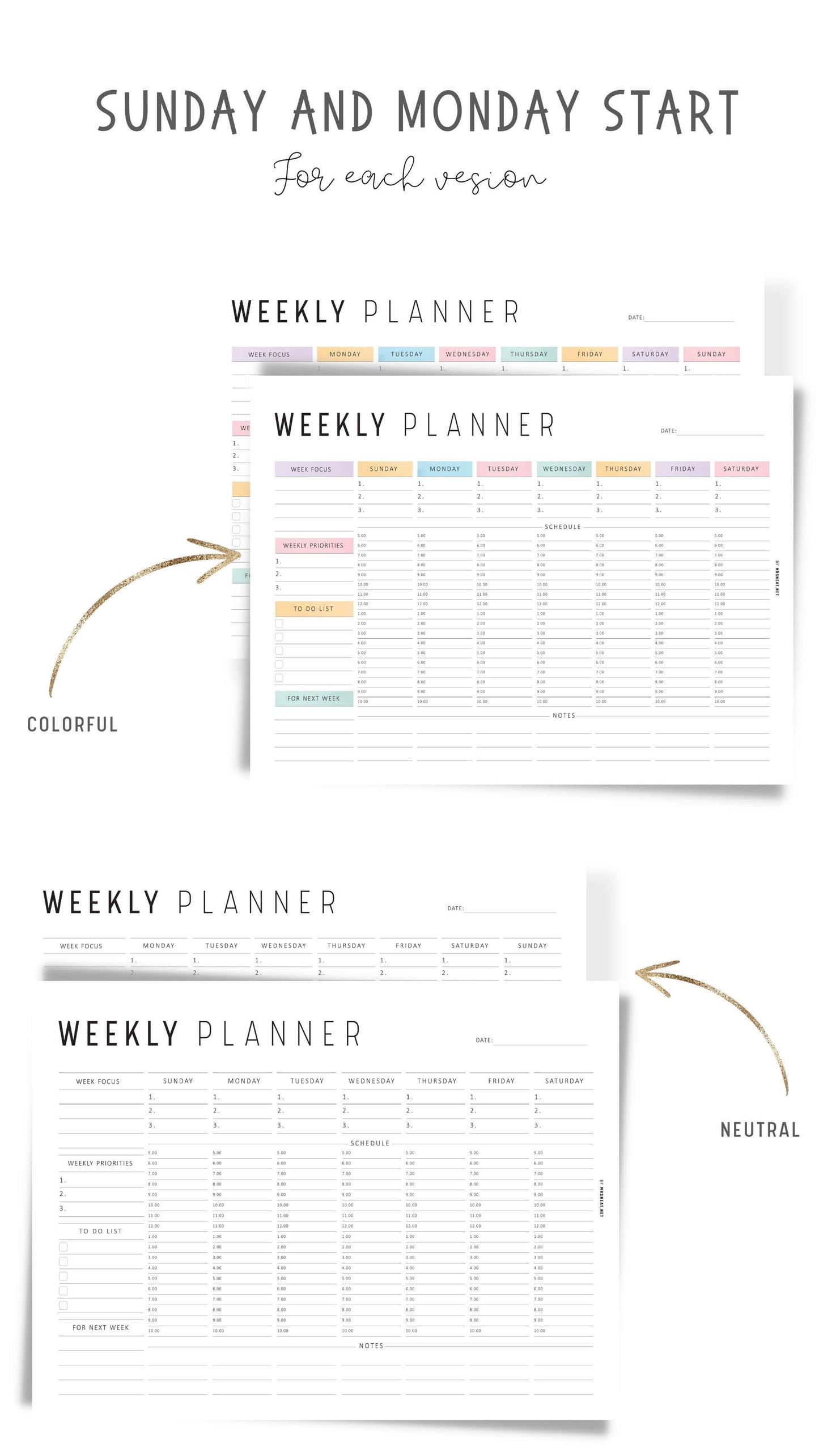 Colorful Weekly Hourly Planner Template Printable, Minimalist Option, A4, Letter, Sunday and Monday start options included, Landscape Template, Digital Planner