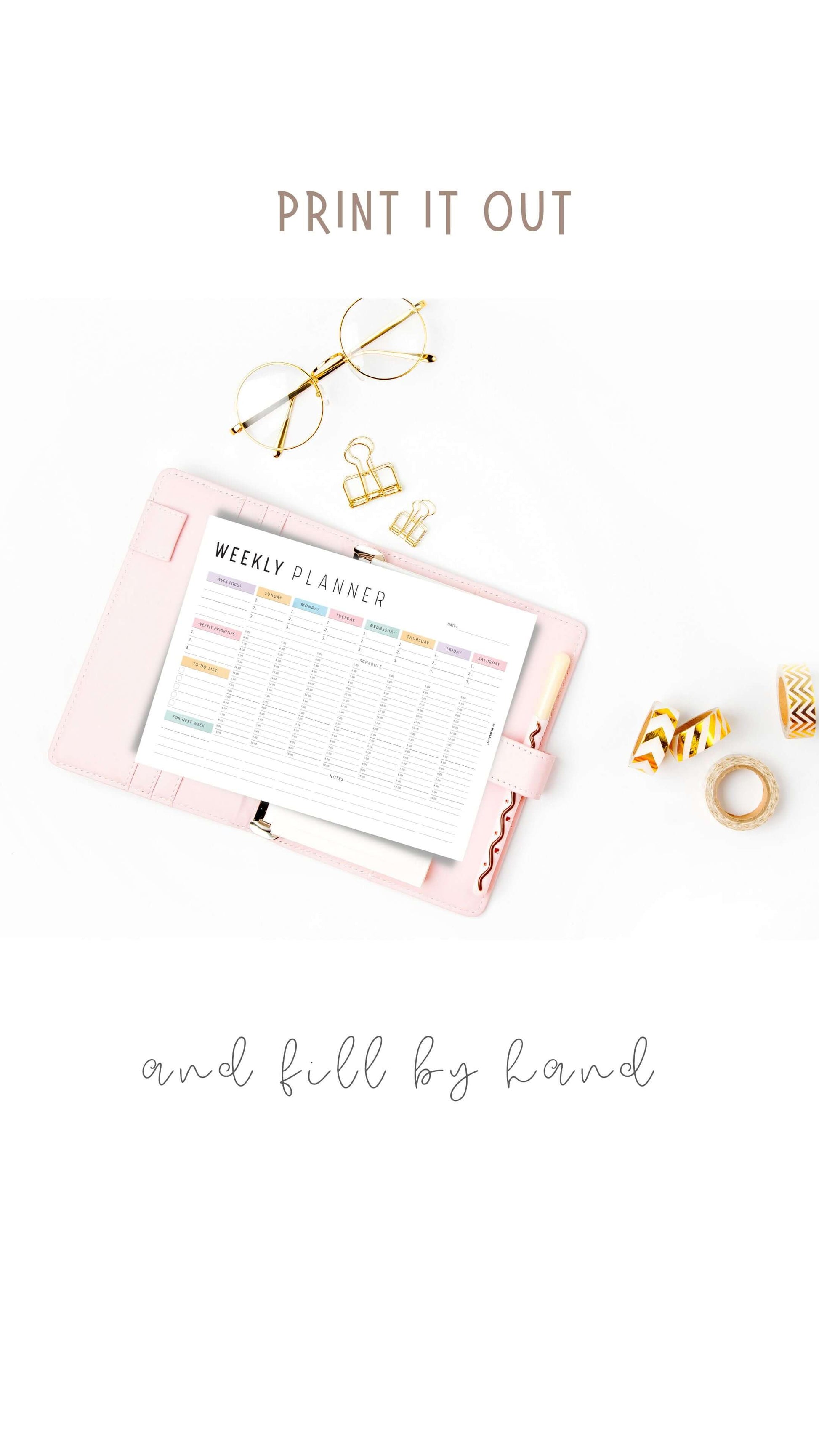 Colorful Weekly Hourly Planner Template Printable, Minimalist Option, A4, Letter, Sunday and Monday start options included, Landscape Template, Digital Planner