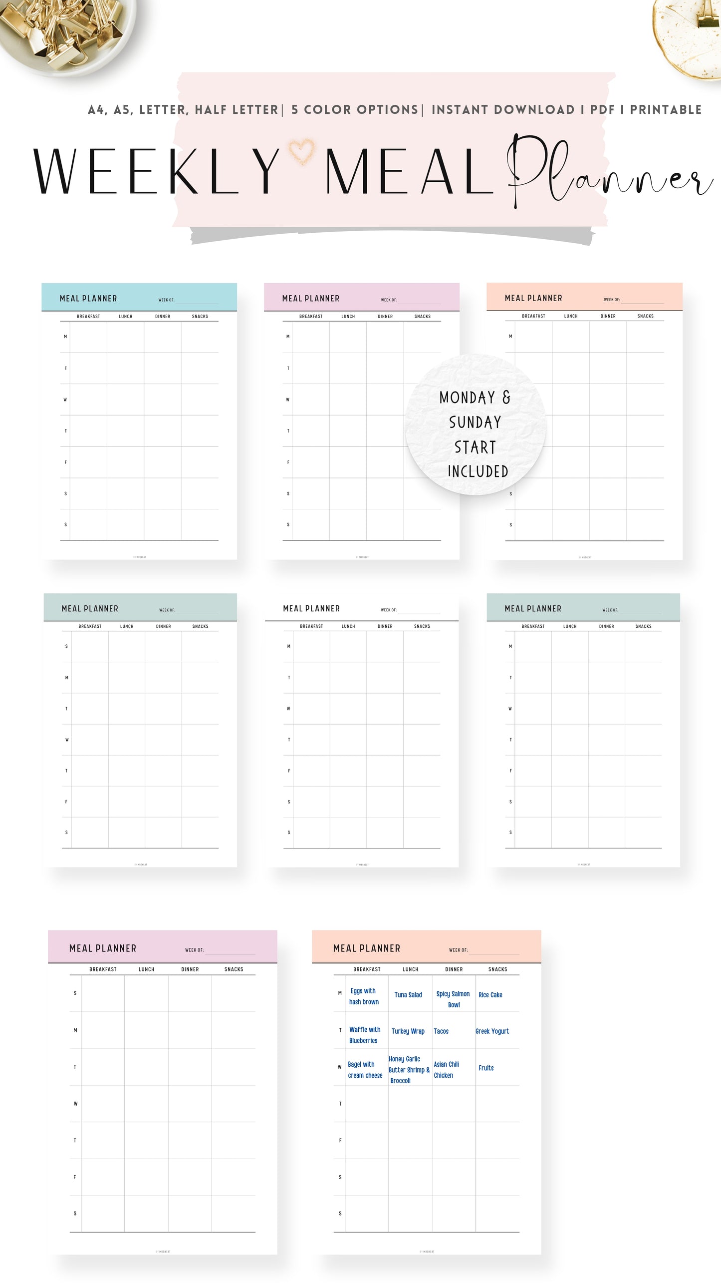 Colorful Weekly Meal Planner Template Printable PDF