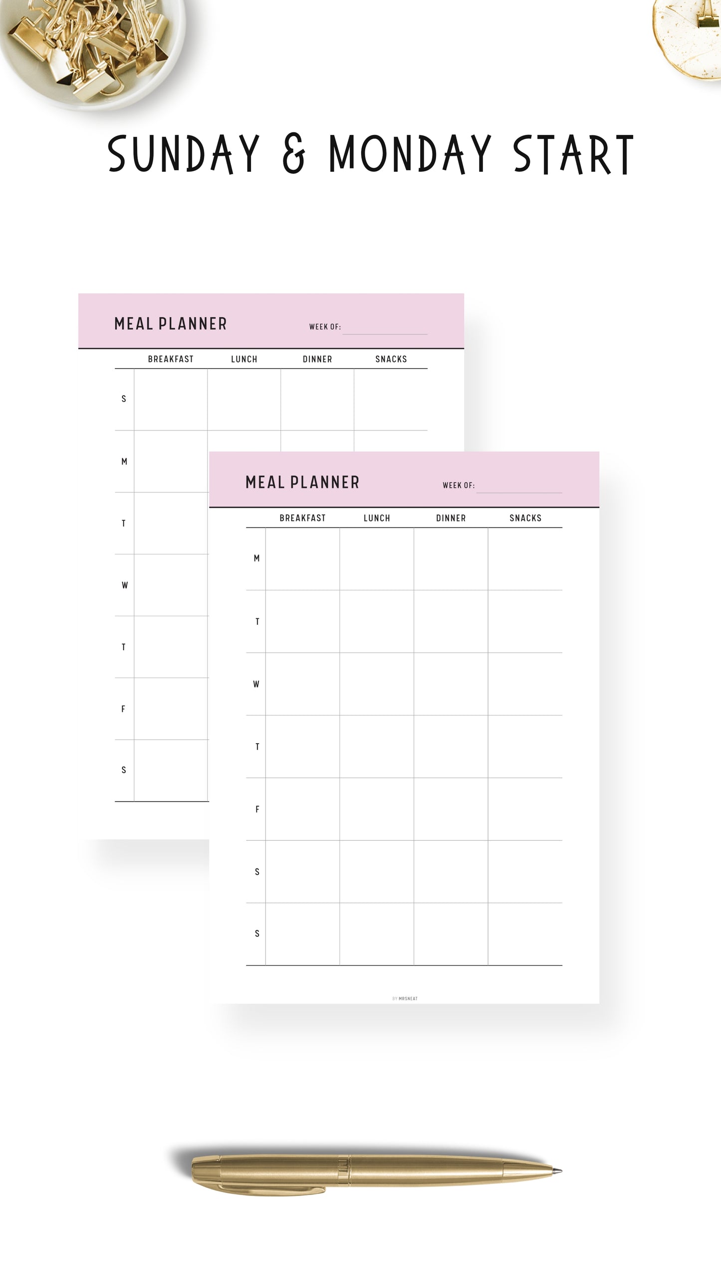 Sunday and Monday Start Weekly Meal Planner Template Printable PDF