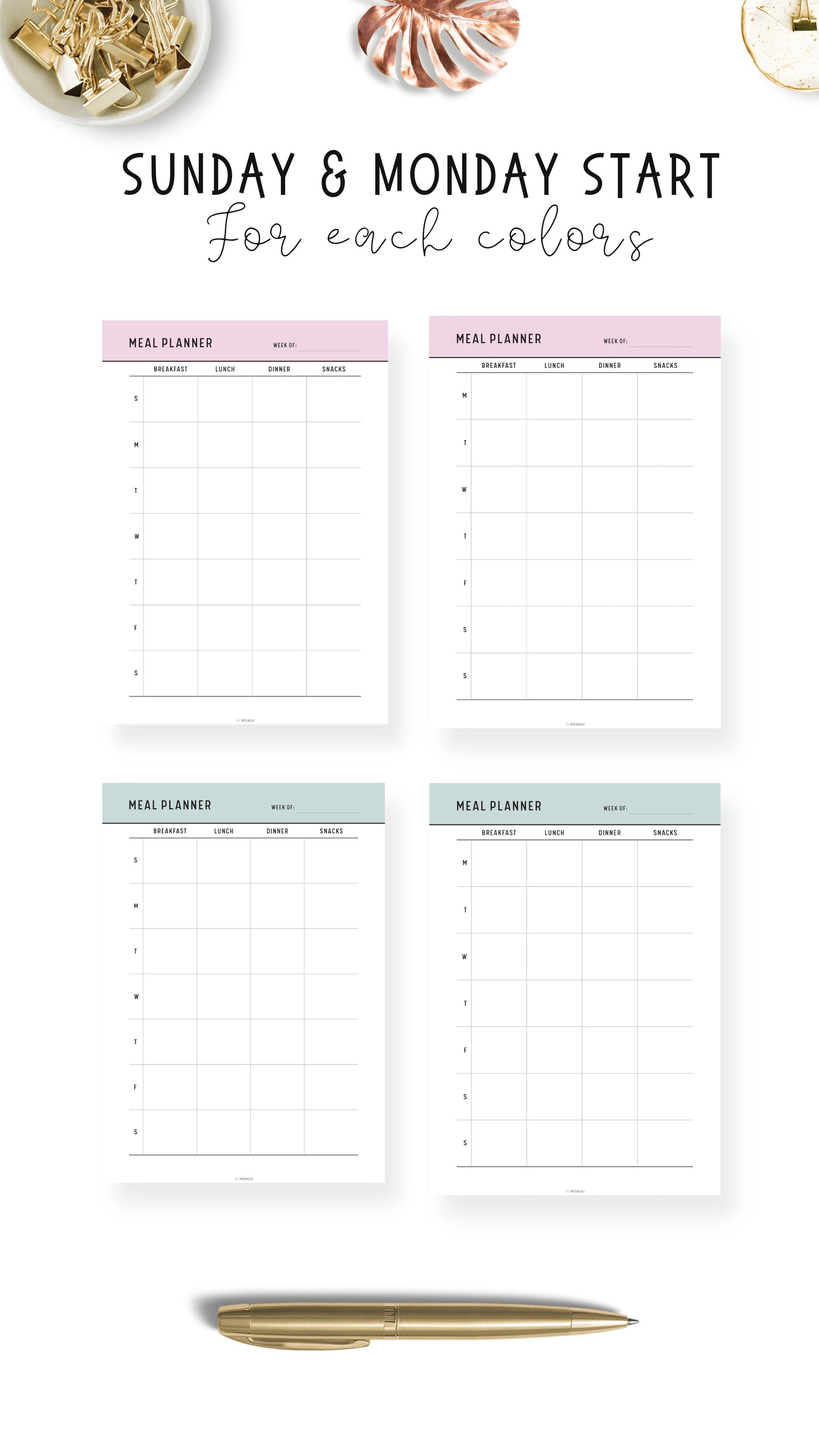 Sunday and Monday start Weekly Meal Planner Template Printable PDF
