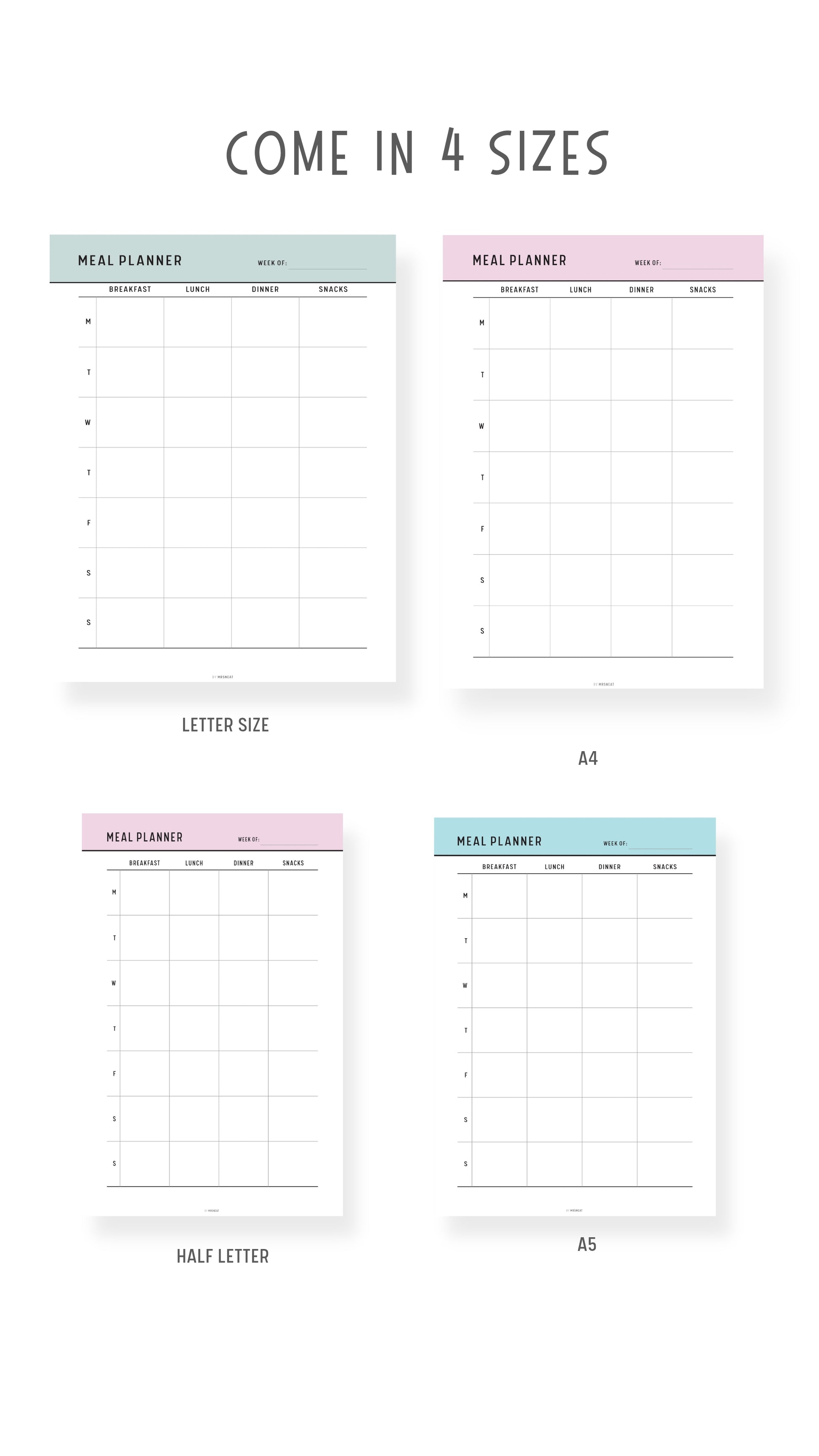 4 sizes Weekly Meal Planner Template Printable PDF