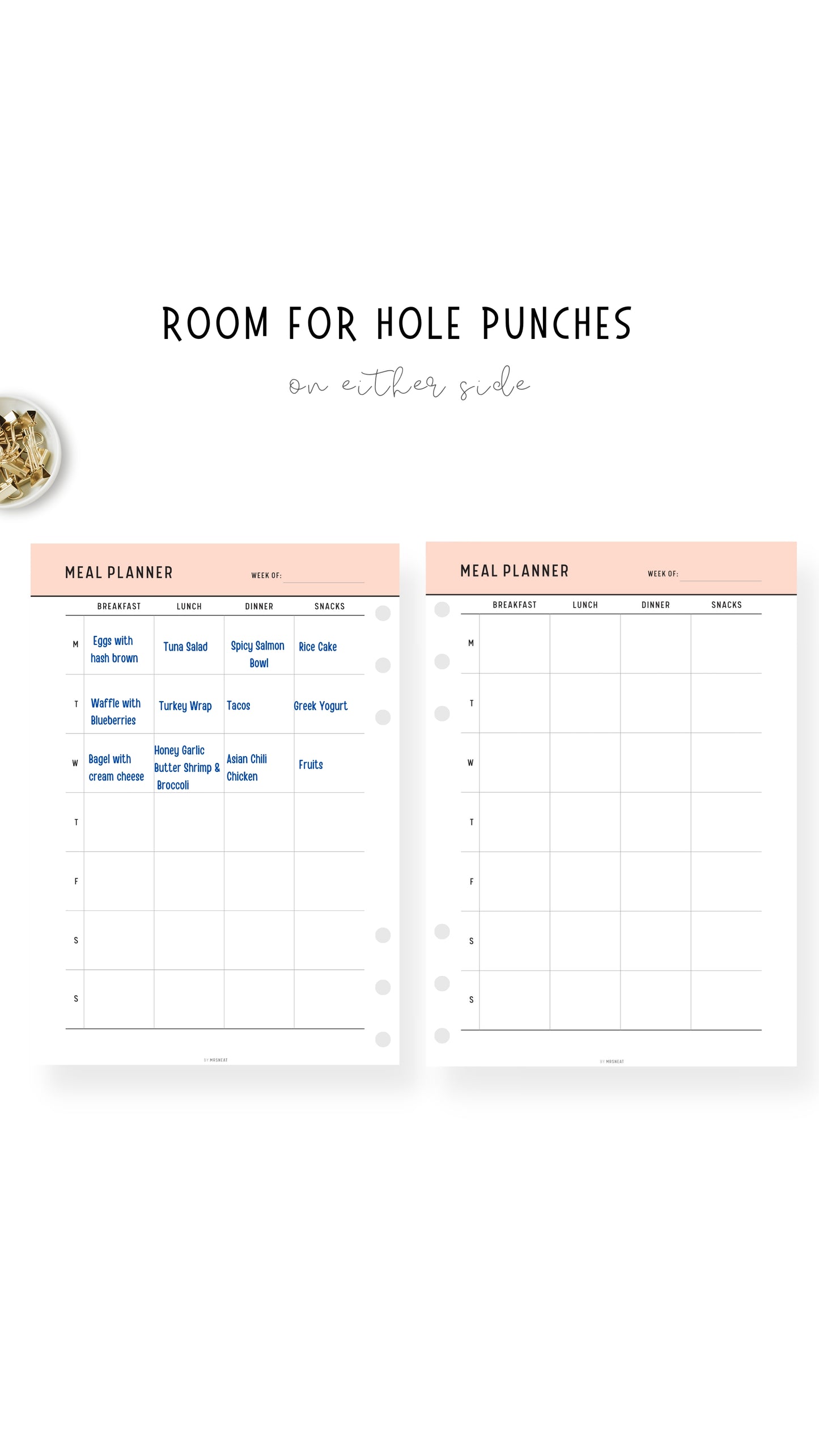 Room for hole punches Weekly Meal Planner Template Printable PDF