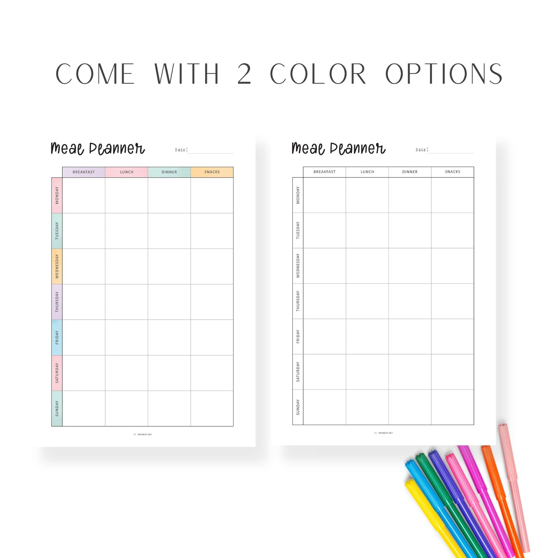 Colorful Printable Weekly Meal Planner