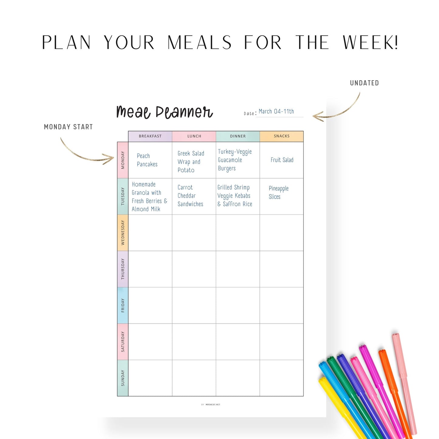 Monday Start Printable Weekly Meal Planner