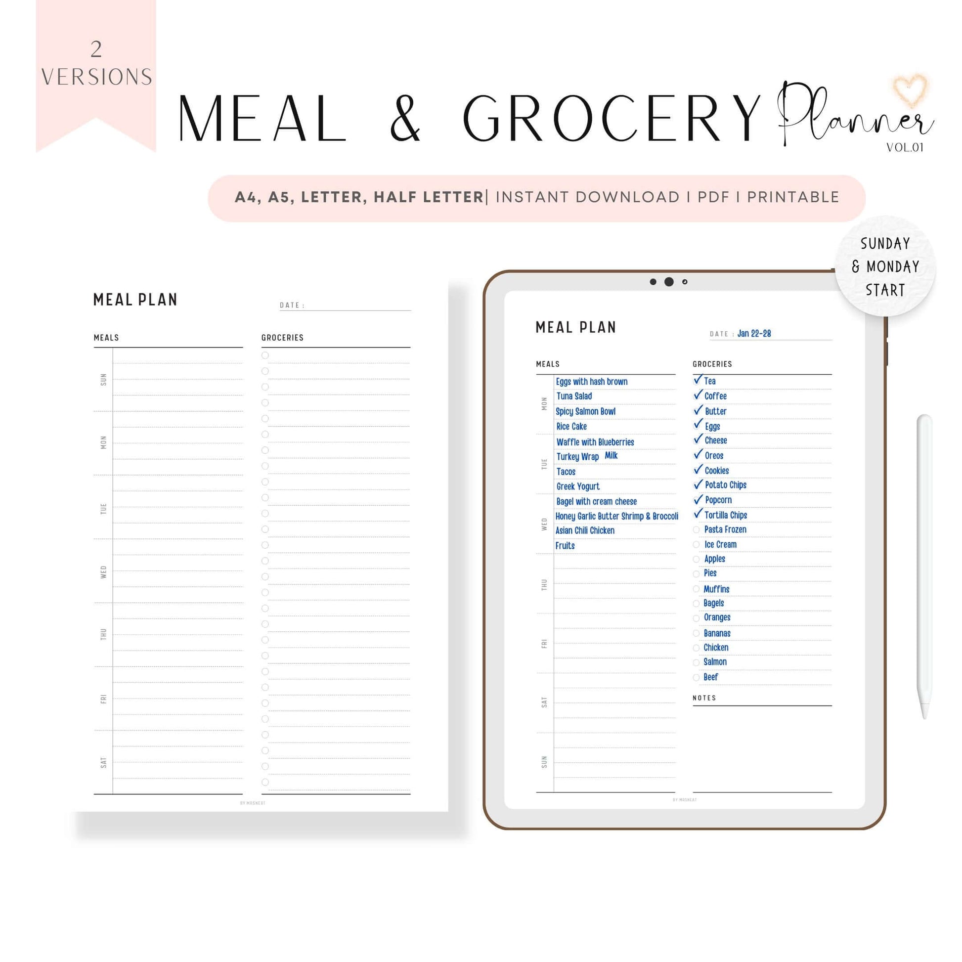 Weekly Meal Planner & Grocery List Template Printable, A4, A5, Letter, Half Letter, 2 versions, Sunday and Monday Start Included