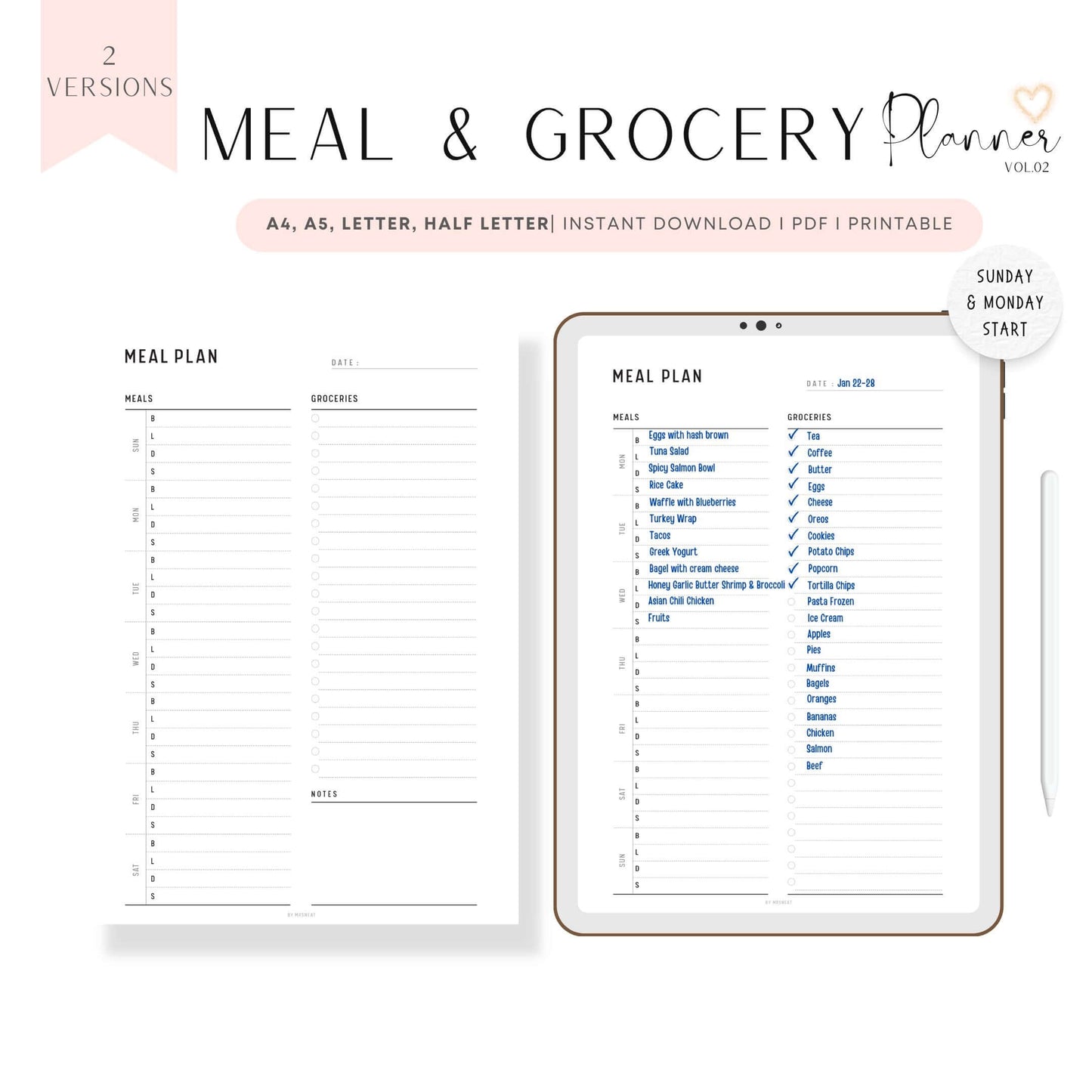 Weekly Meal Planner & Grocery List Template Printable, A4, A5, Letter, Half Letter, 2 versions, Sunday and Monday Start Included